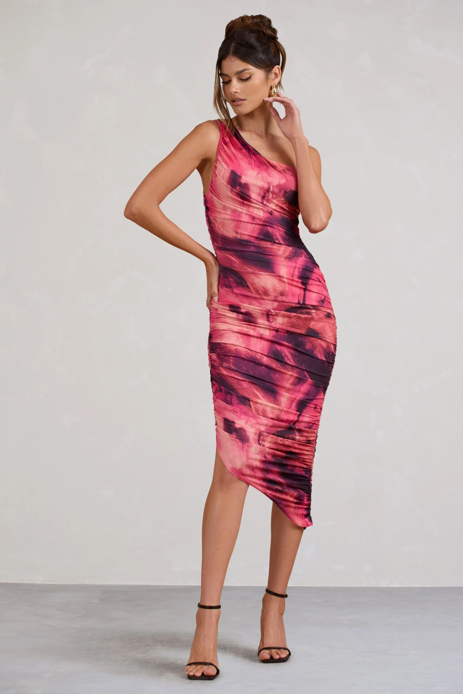 Dorit | Pink Print One Shoulder Asymmetric Ruched Midi Dress - Image 5