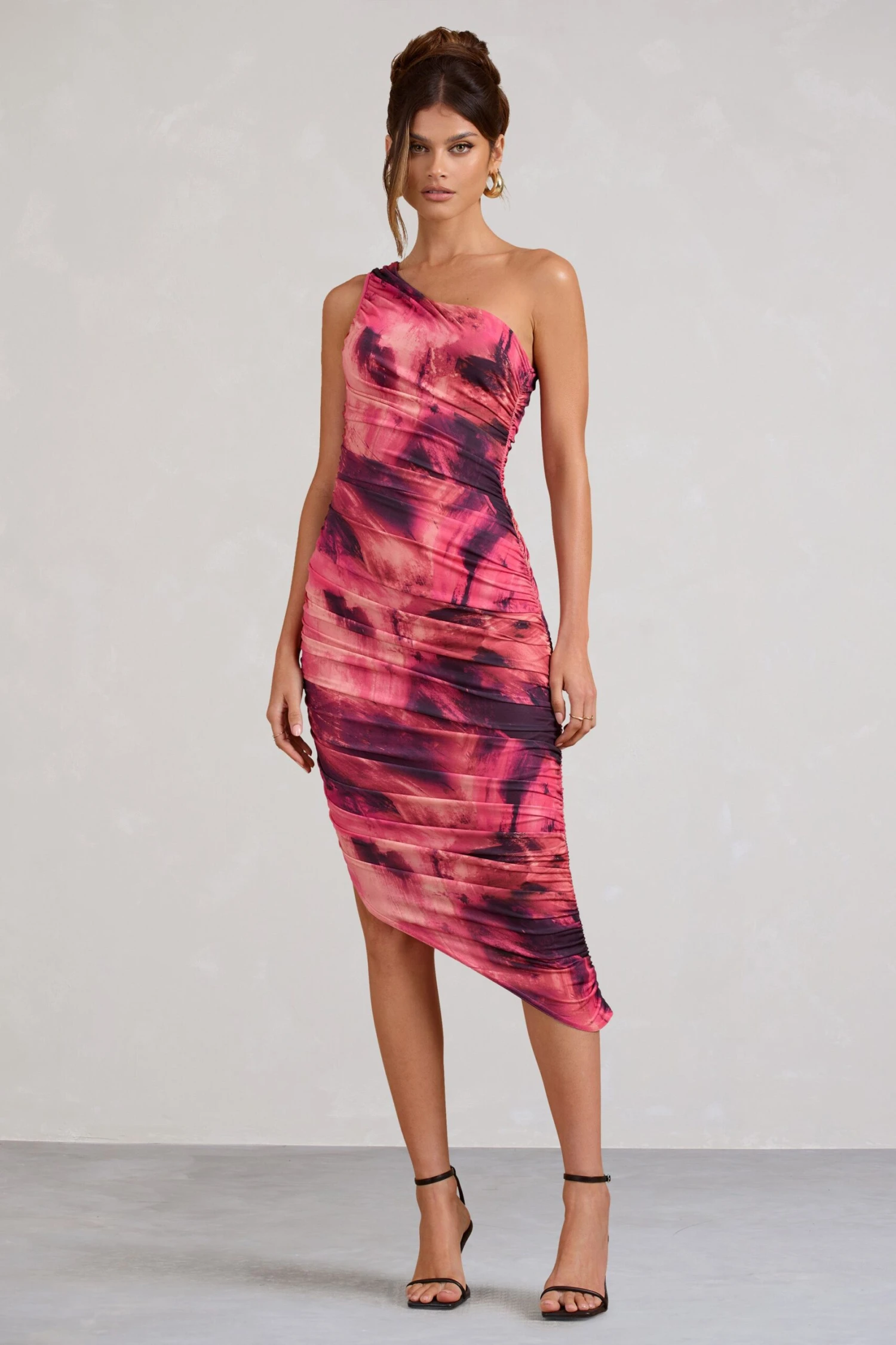 Dorit | Pink Print One Shoulder Asymmetric Ruched Midi Dress - Image 4
