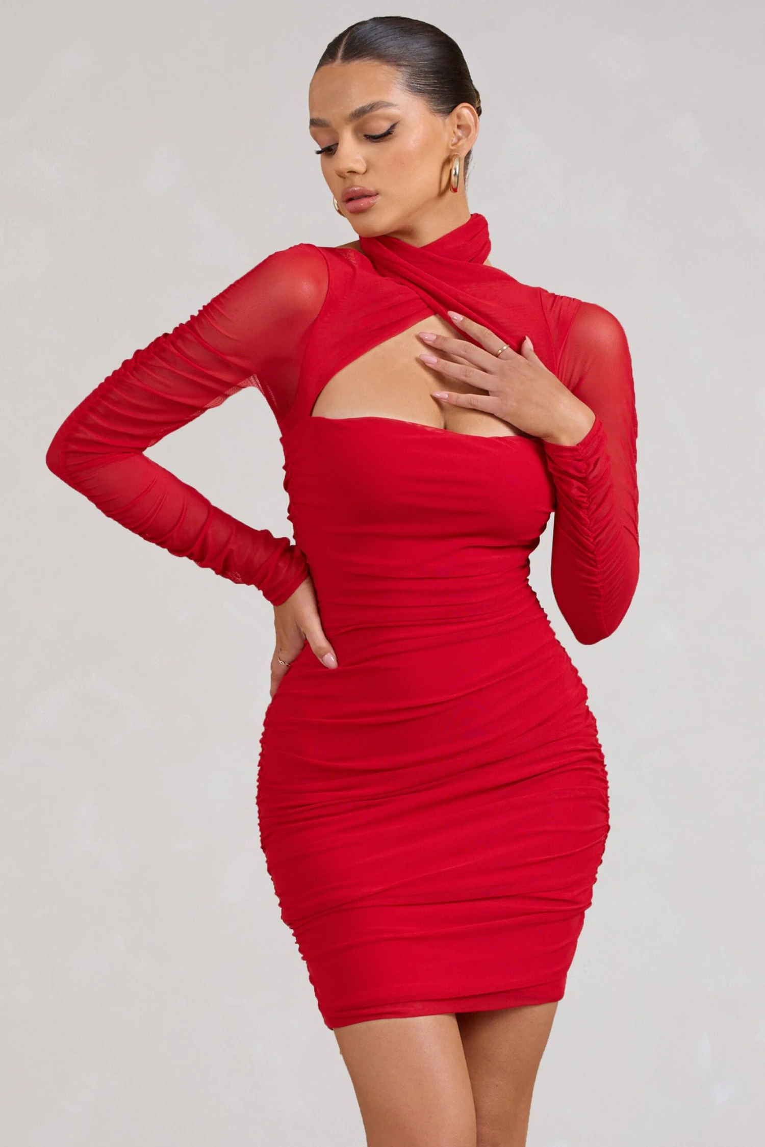 Bouquet Toss | Red Ruched Mesh Long-Sleeved Mini Dress - Image 5