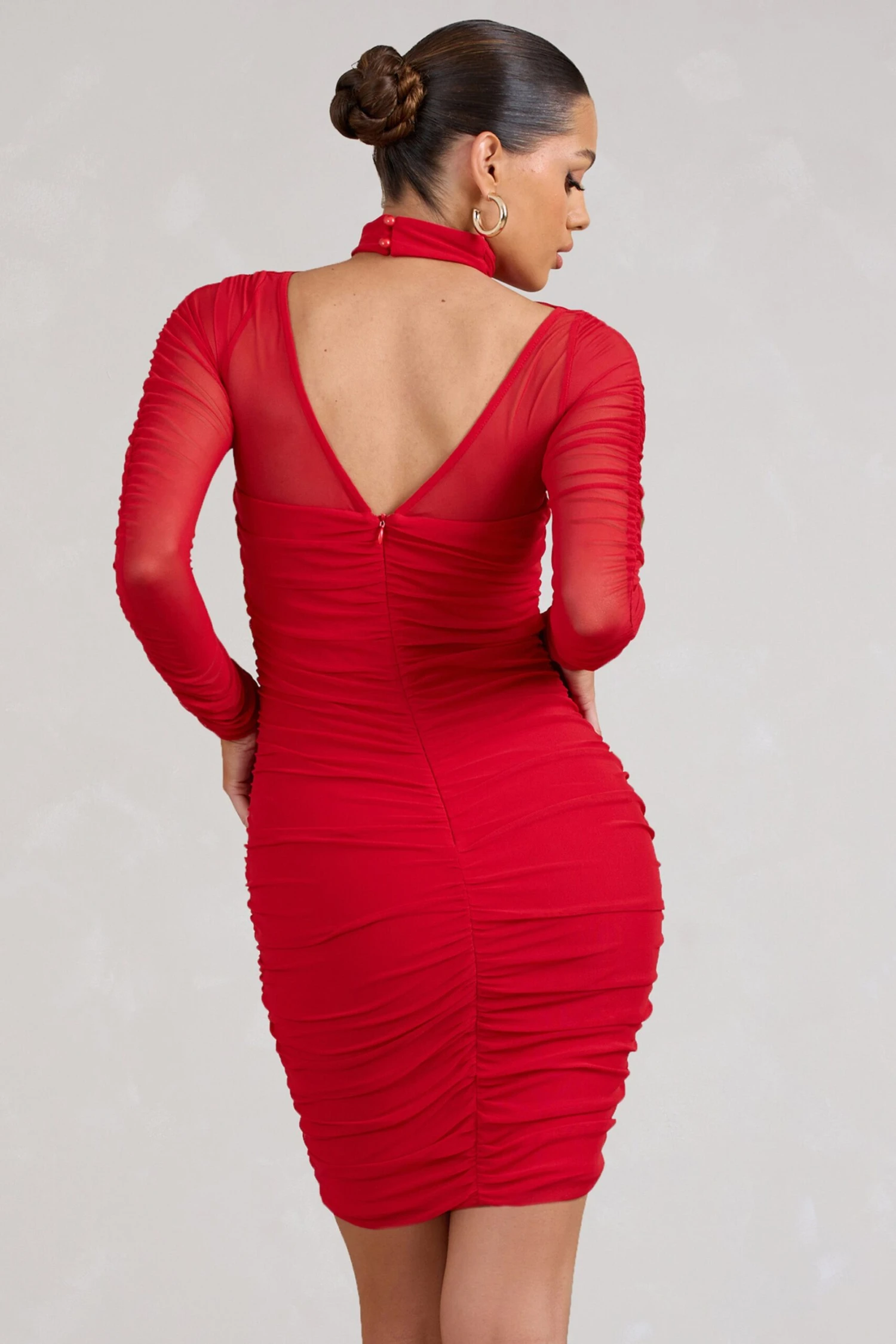 Bouquet Toss | Red Ruched Mesh Long-Sleeved Mini Dress - Image 2