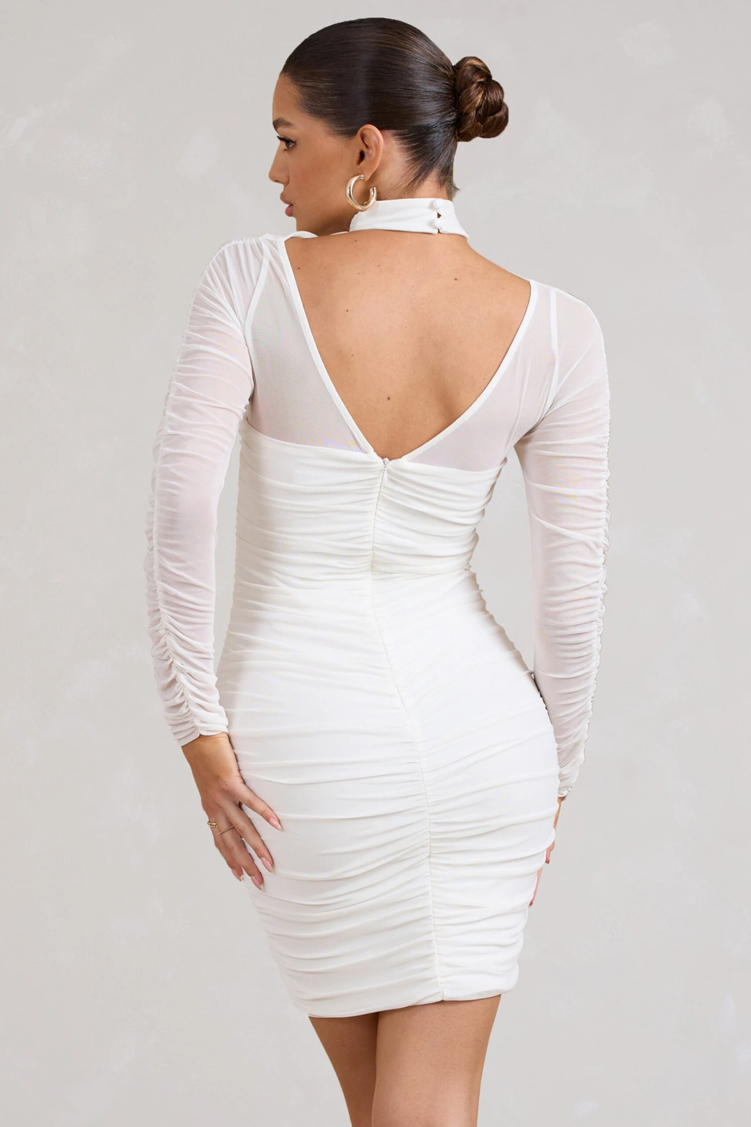 Bouquet Toss | White Ruched Mesh Long-Sleeved Mini Dress - Image 2