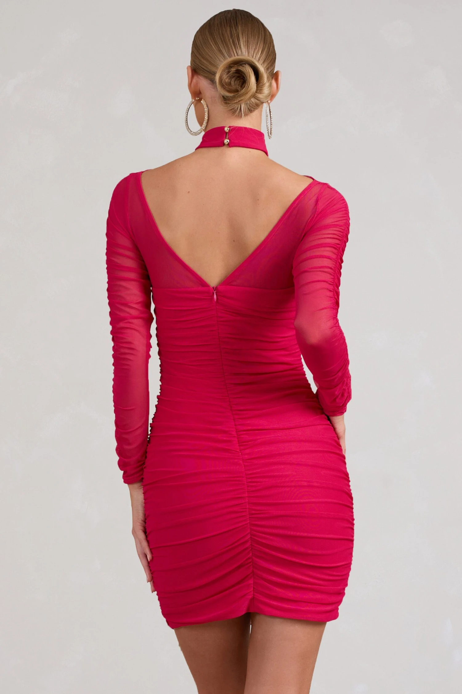 Bouquet Toss | Hot Pink Ruched Mesh Long-Sleeved Mini Dress - Image 2
