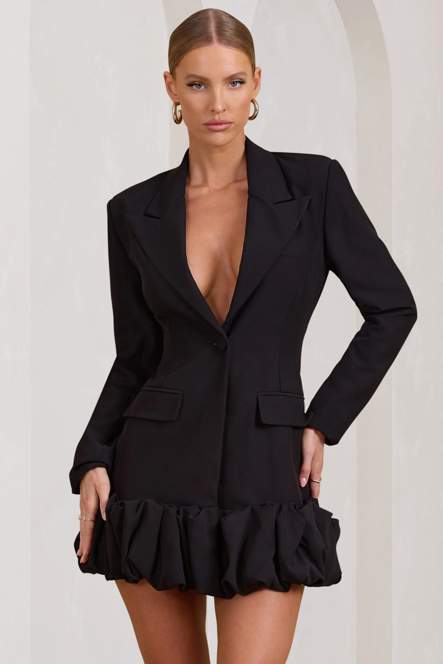 Cloud Catching | Black Tailored Blazer Mini Dress With Ruffled Hem - Image 4