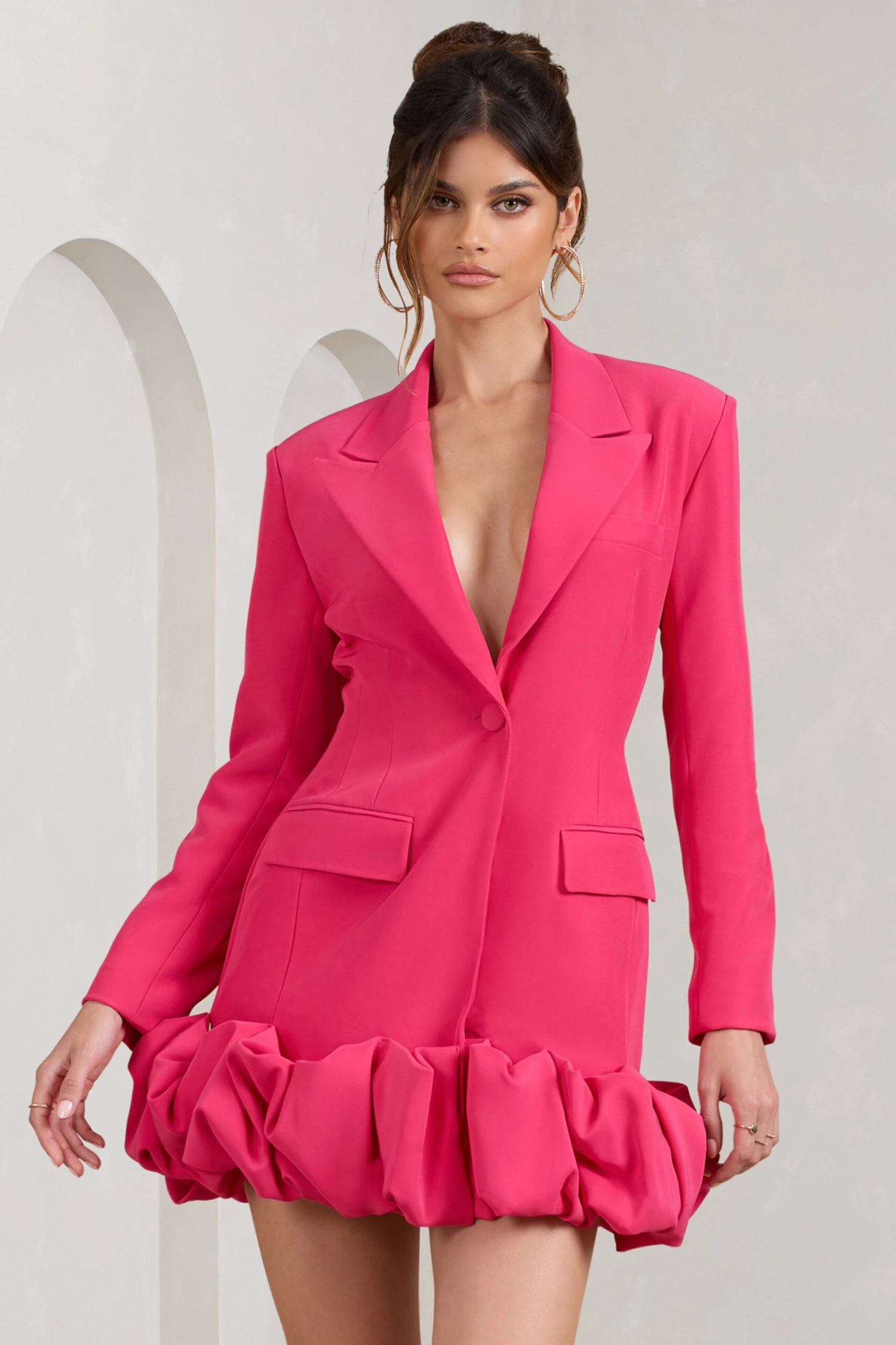 Cloud Catching | Hot Pink Tailored Blazer Mini Dress With Ruffled Hem - Image 4