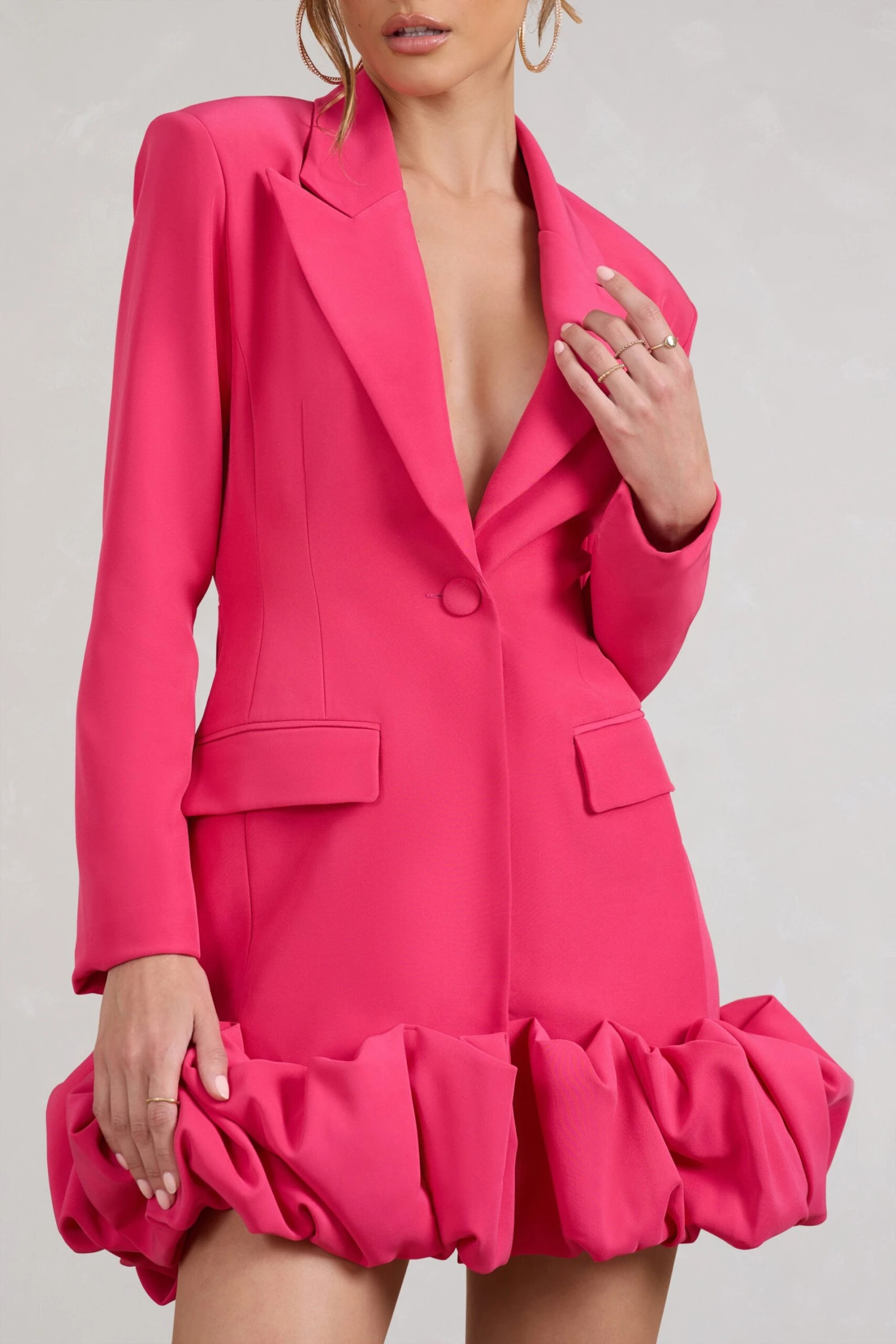 Cloud Catching | Hot Pink Tailored Blazer Mini Dress With Ruffled Hem - Image 3