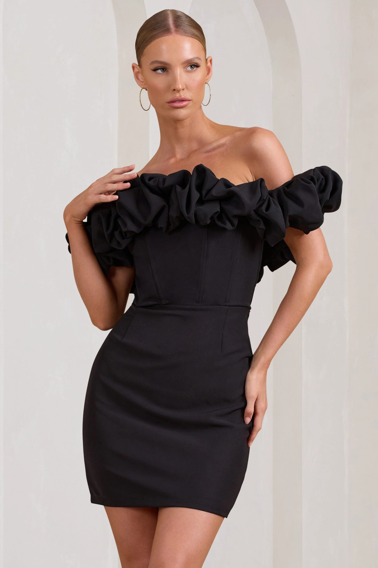 Dawn | Black Ruffled Bardot Mini Dress - Image 4