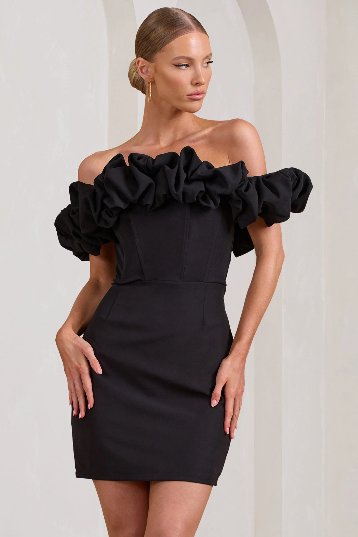 Dawn | Black Ruffled Bardot Mini Dress - Image 5
