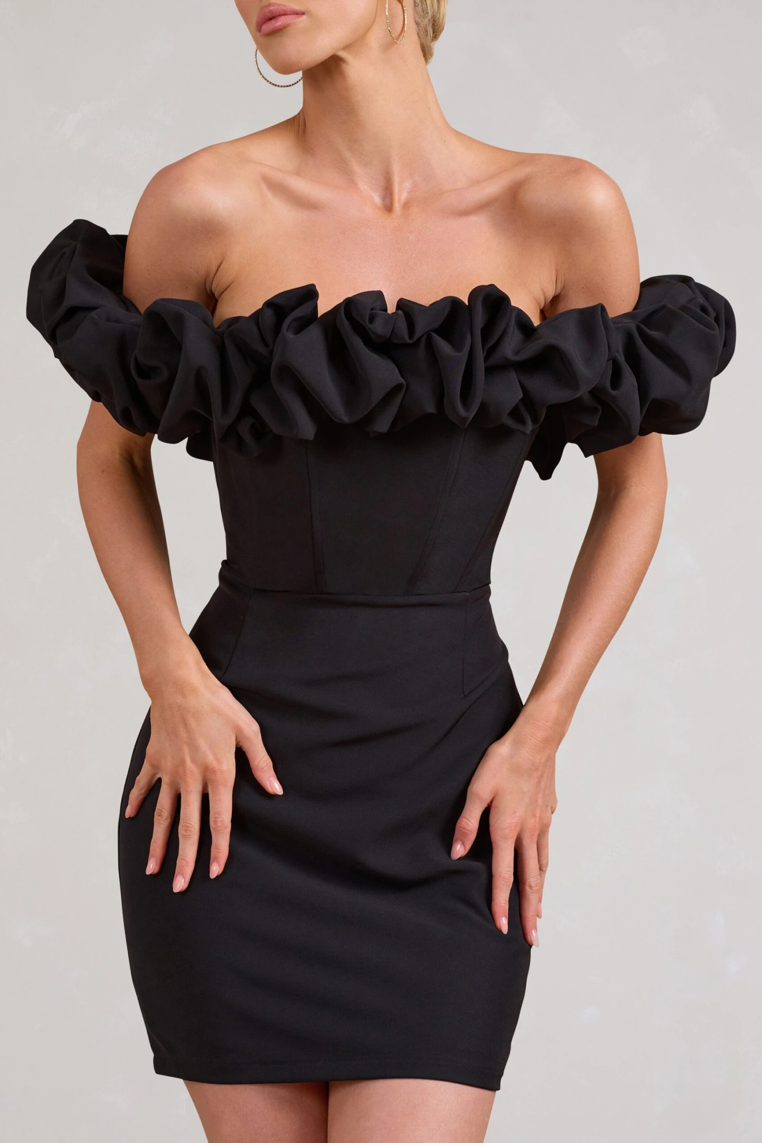 Dawn | Black Ruffled Bardot Mini Dress - Image 3