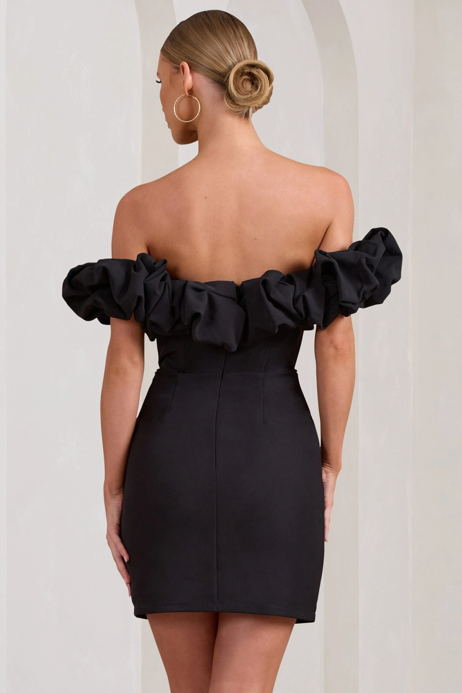 Dawn | Black Ruffled Bardot Mini Dress - Image 2