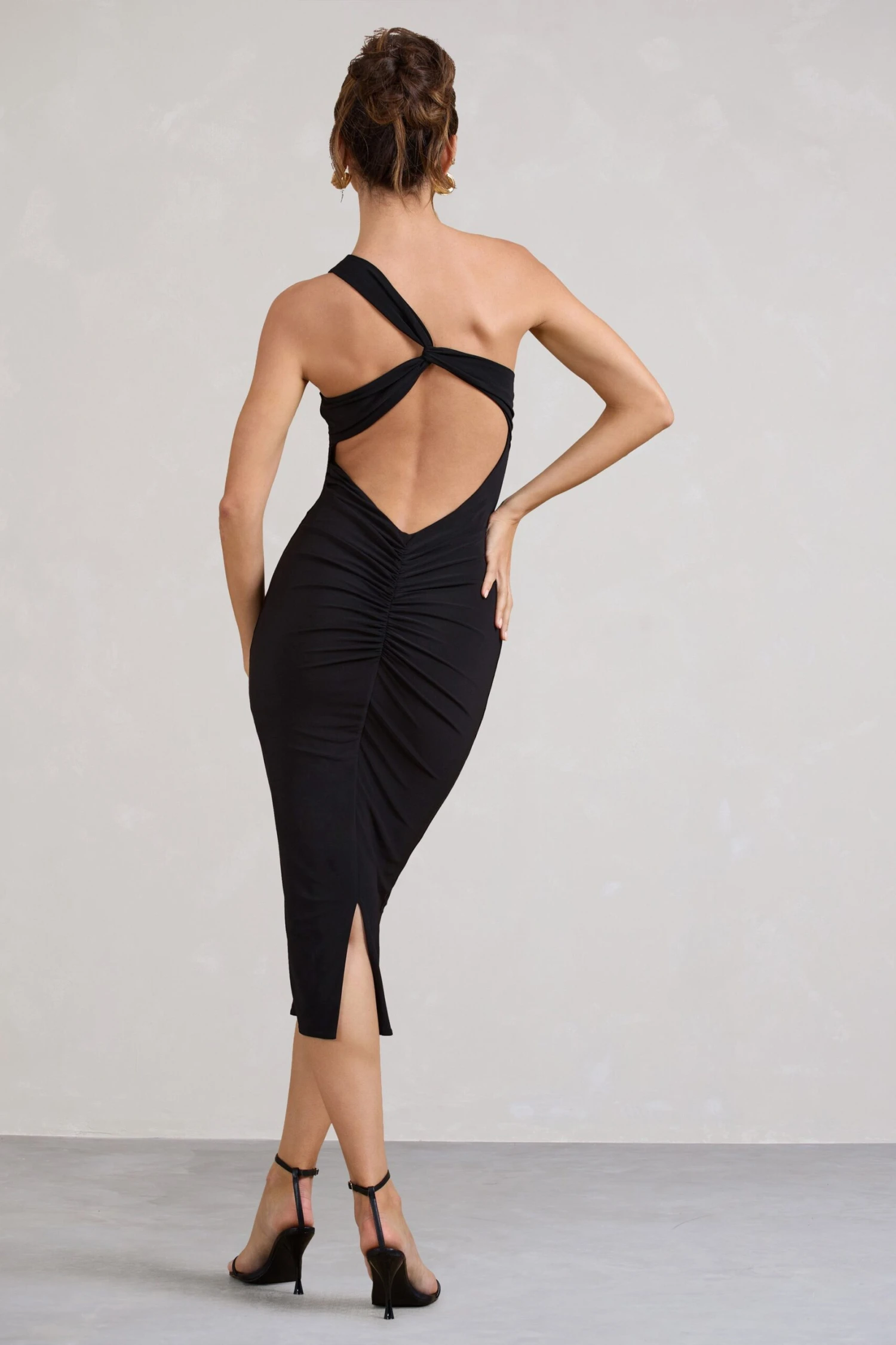 Vineyard | Black Asymmetric Backless Bodycon Midi Dress - Image 2