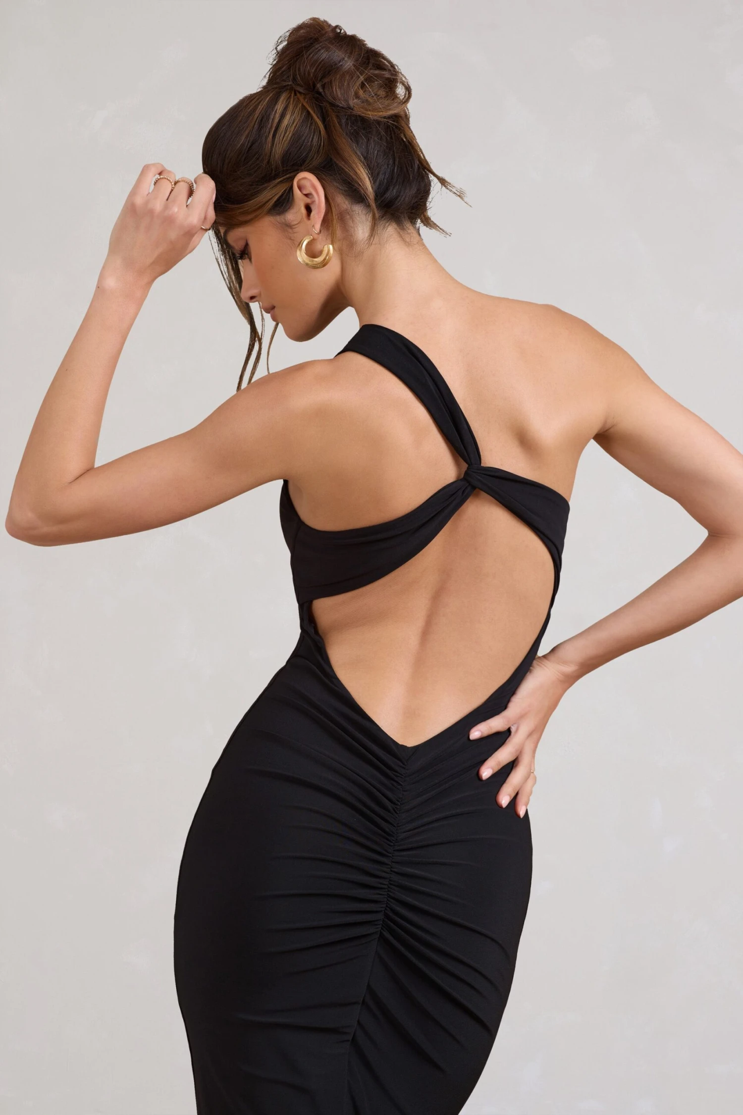 Vineyard | Black Asymmetric Backless Bodycon Midi Dress - Image 3