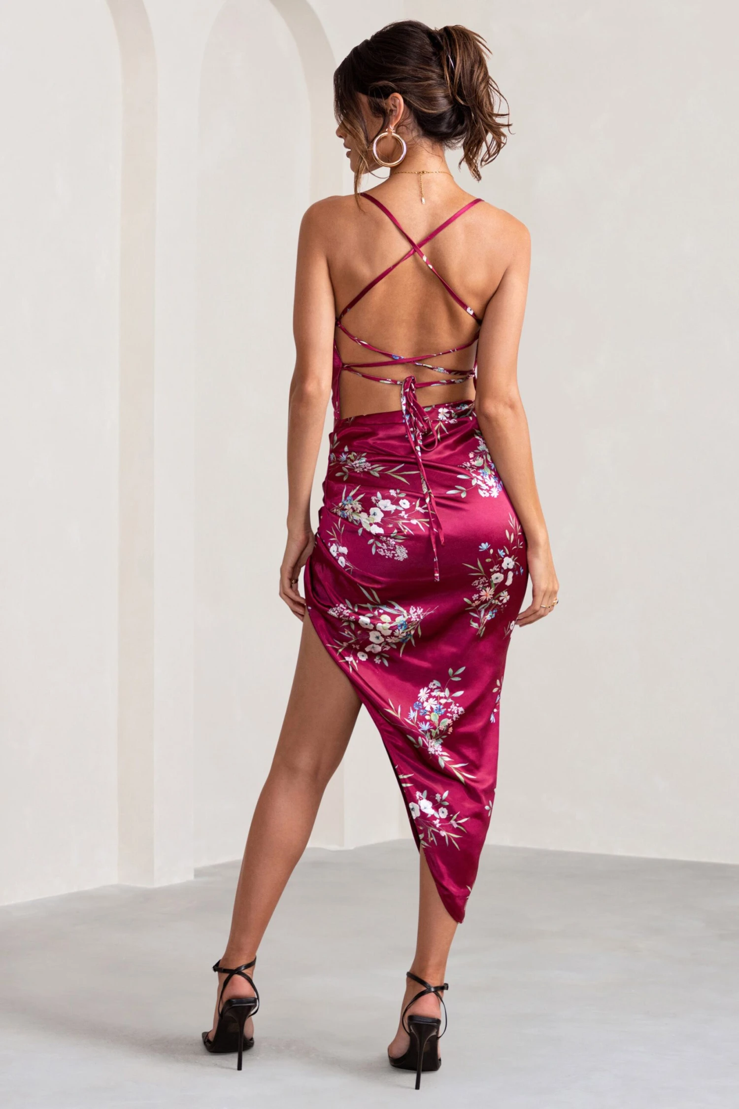 Risk It All | Berry Floral Print Cami Cowl Neck Satin Asymmetric Hem Midi Dress - Image 2