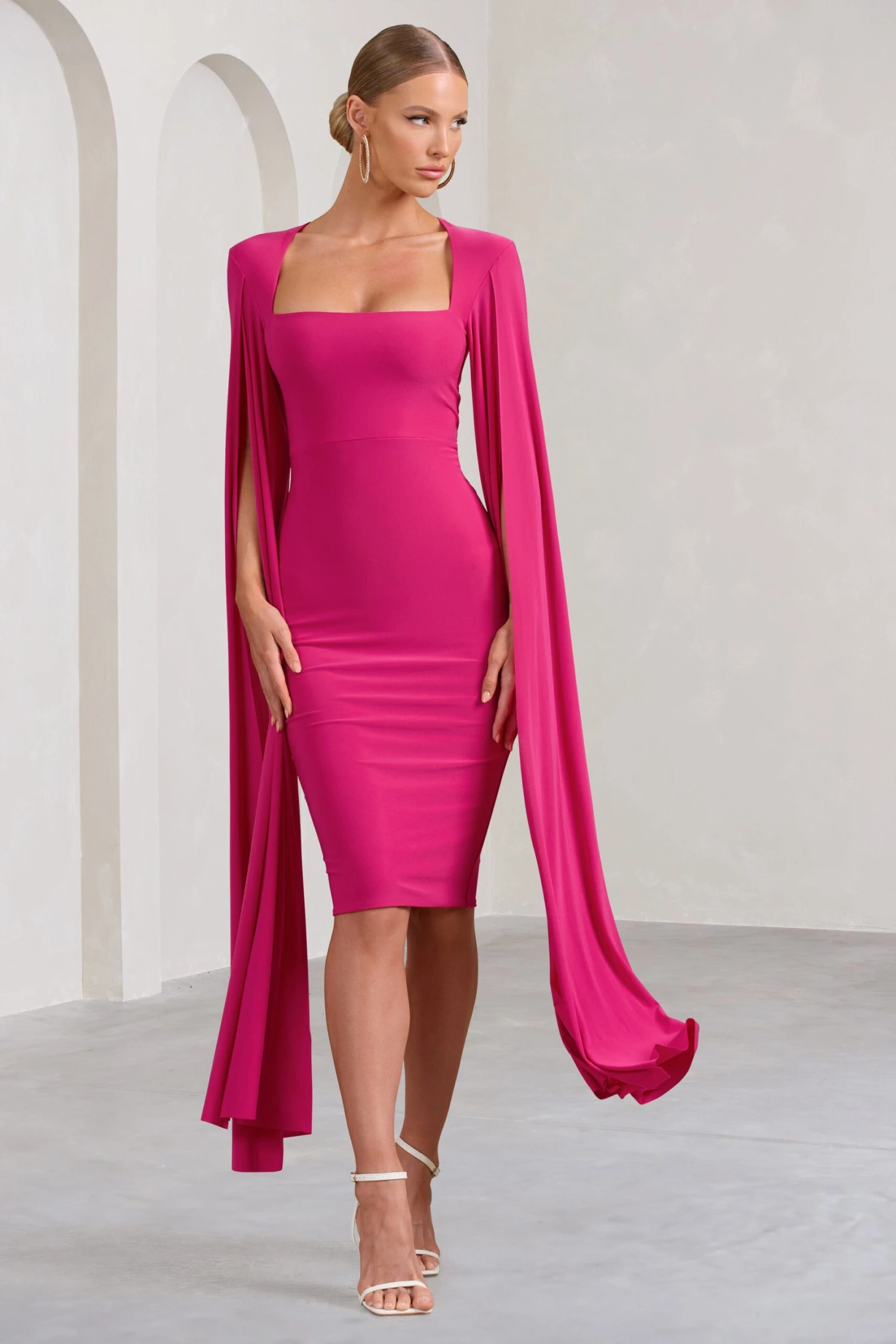 Flawless | Hot Pink Square Neck Midi Dress With Cape Sleeves - Image 4