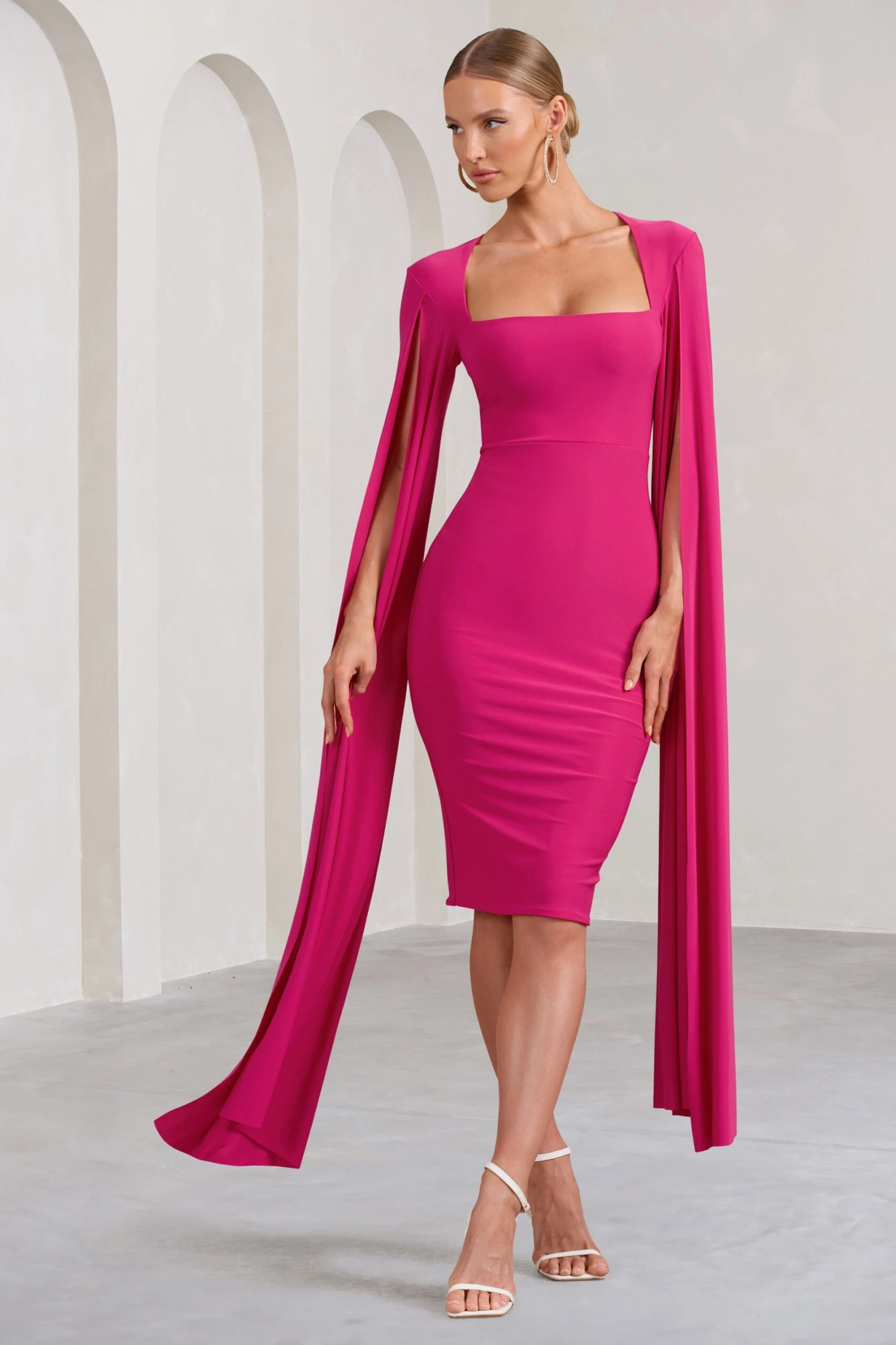 Flawless | Hot Pink Square Neck Midi Dress With Cape Sleeves - Image 5