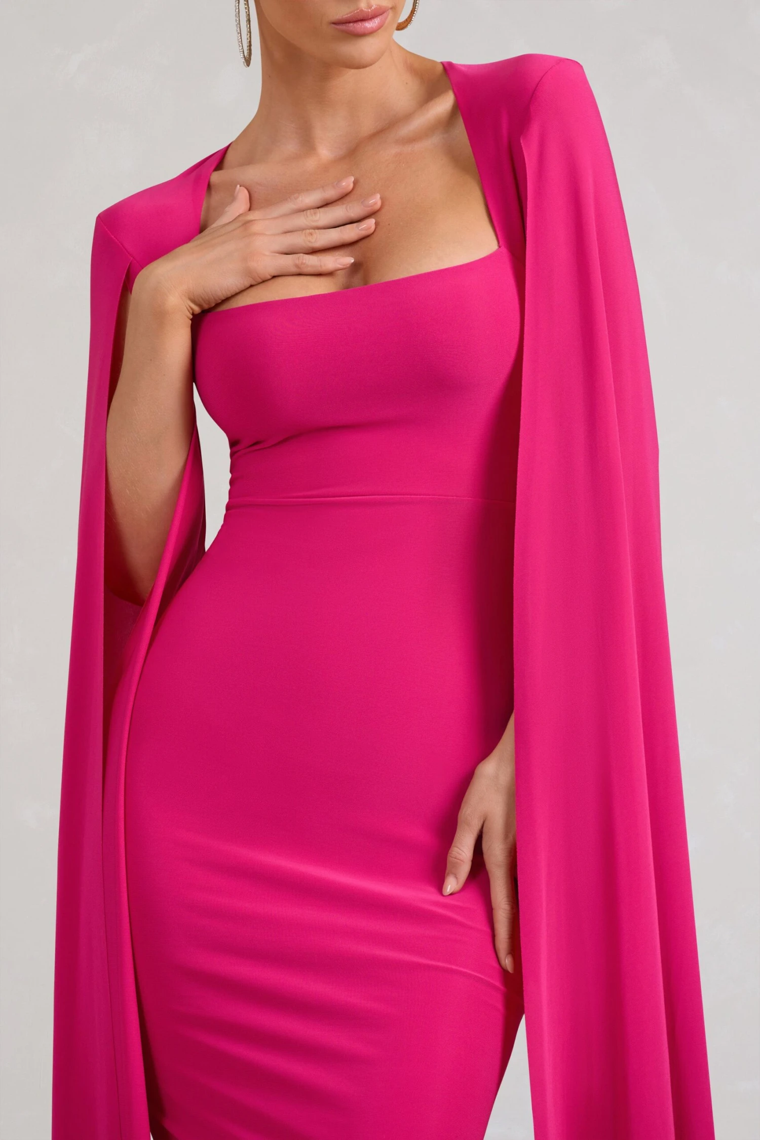 Flawless | Hot Pink Square Neck Midi Dress With Cape Sleeves - Image 3