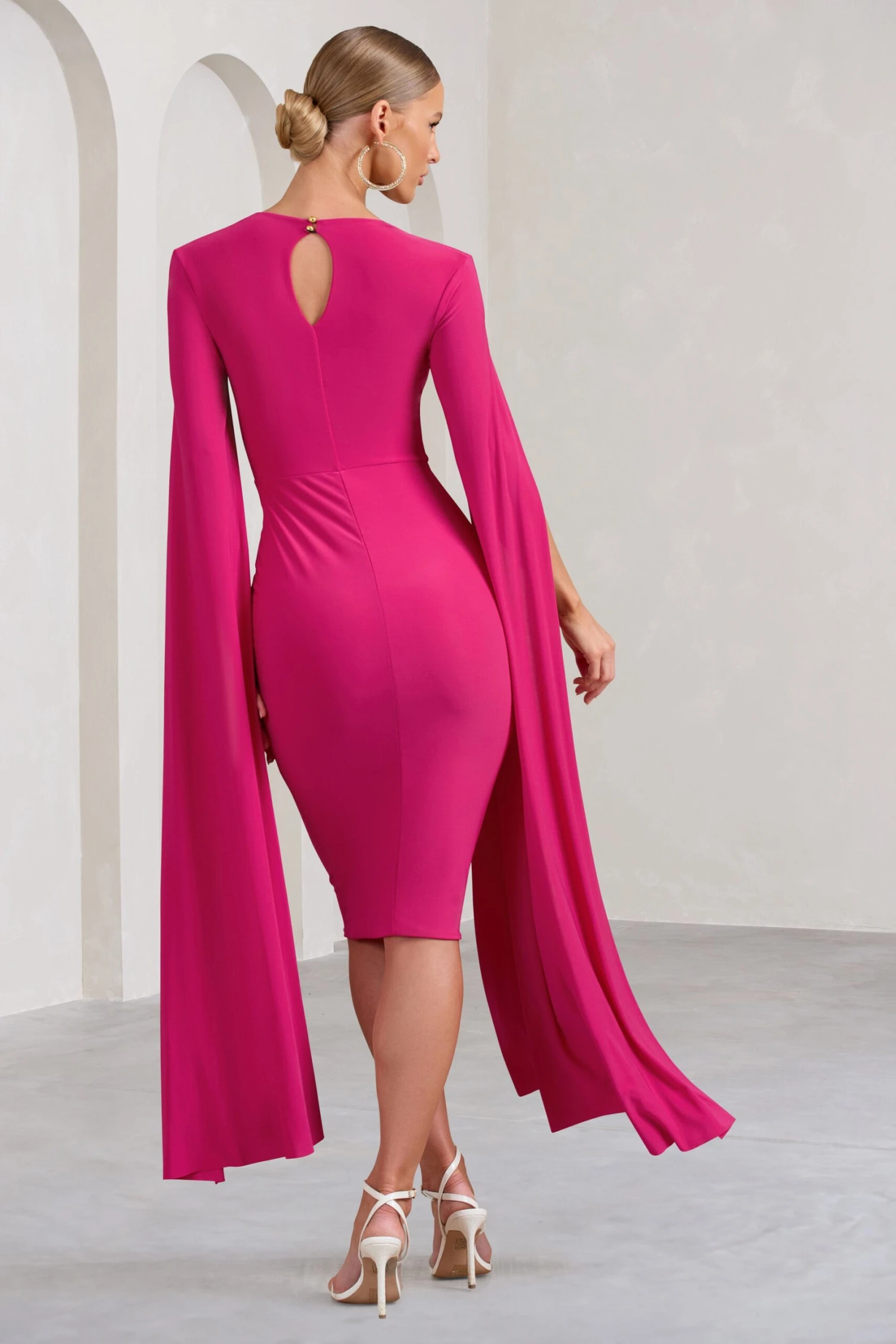 Flawless | Hot Pink Square Neck Midi Dress With Cape Sleeves - Image 2