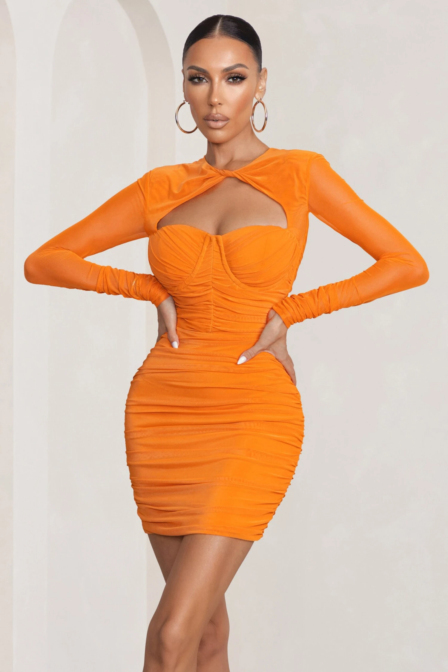 Daiquiri | Orange Cut Out Ruched Mesh Mini Dress With Long Sleeves - Image 4