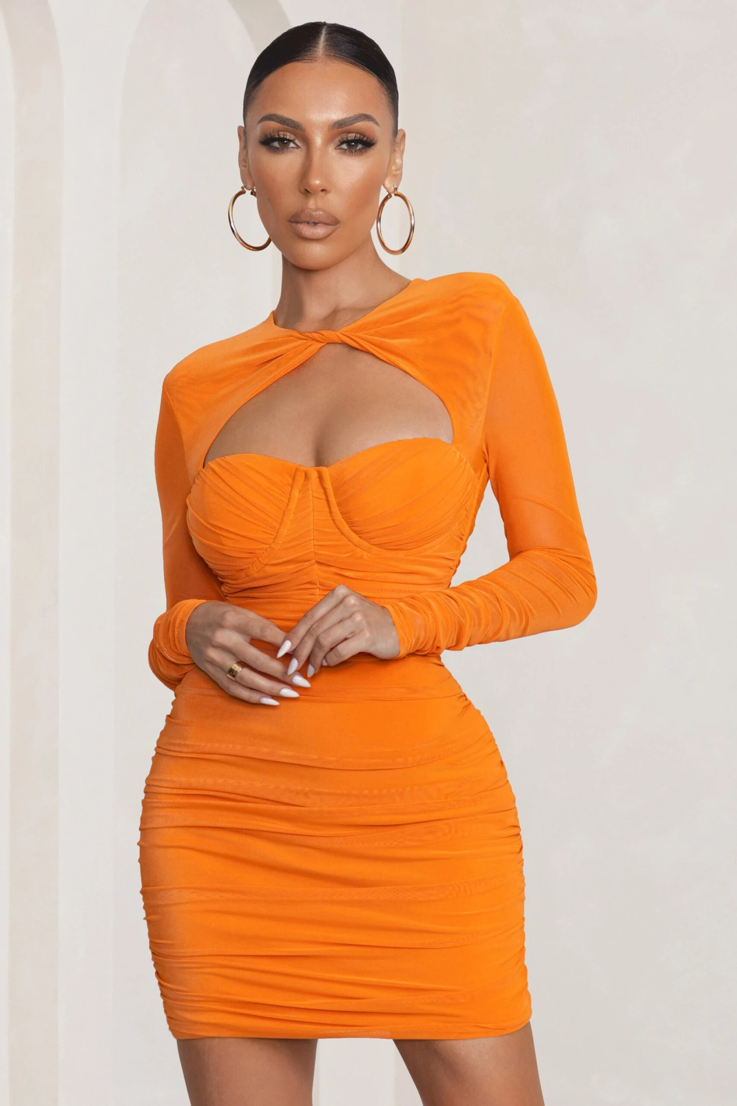 Daiquiri | Orange Cut Out Ruched Mesh Mini Dress With Long Sleeves - Image 5