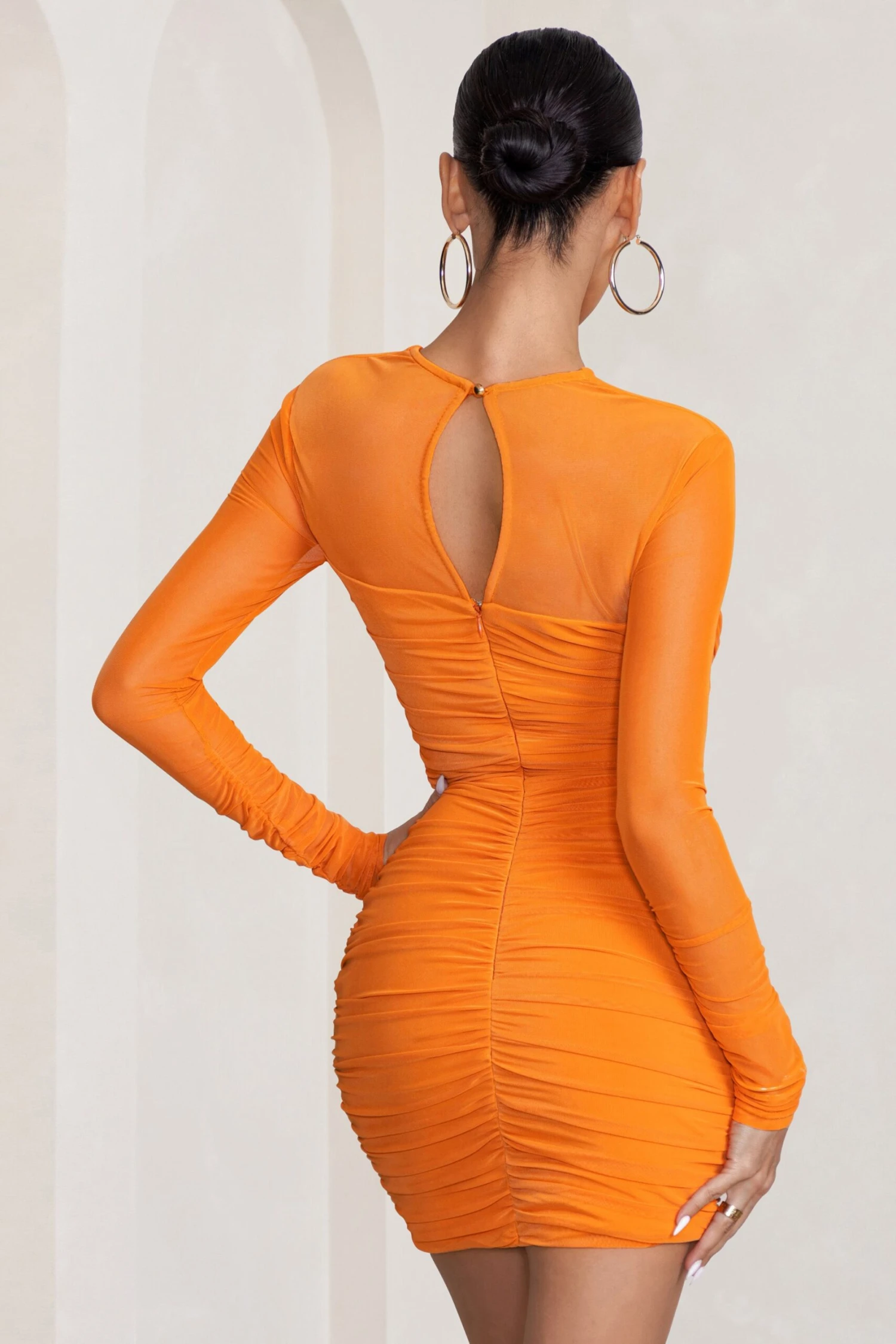 Daiquiri | Orange Cut Out Ruched Mesh Mini Dress With Long Sleeves - Image 2