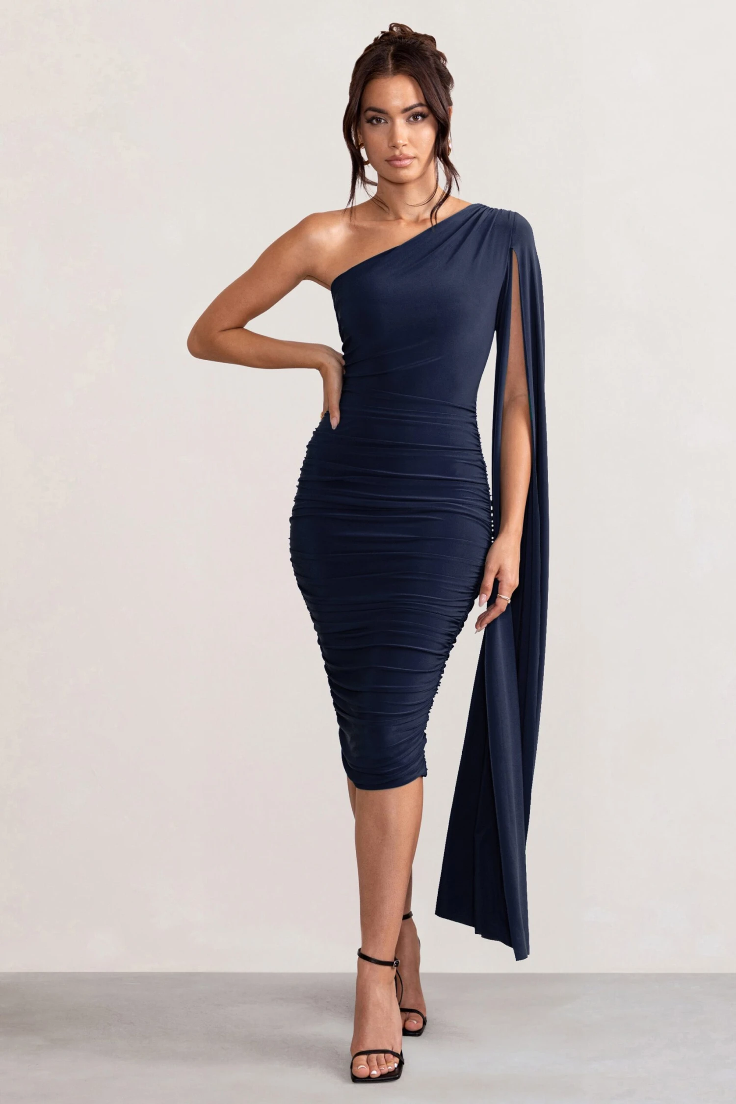 Yara | Navy One Shoulder Cape Ruched Midi Dress - Image 4