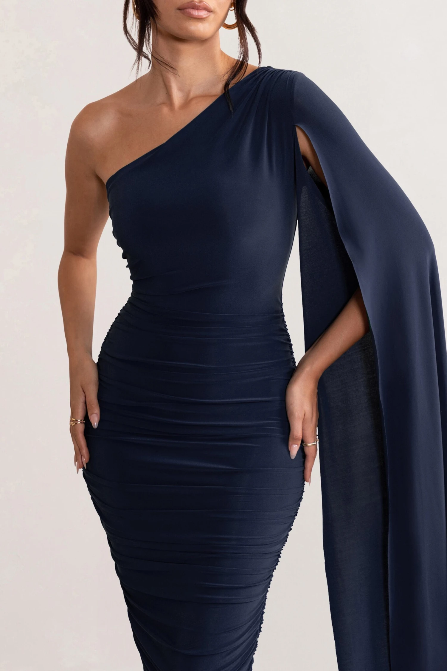 Yara | Navy One Shoulder Cape Ruched Midi Dress - Image 3