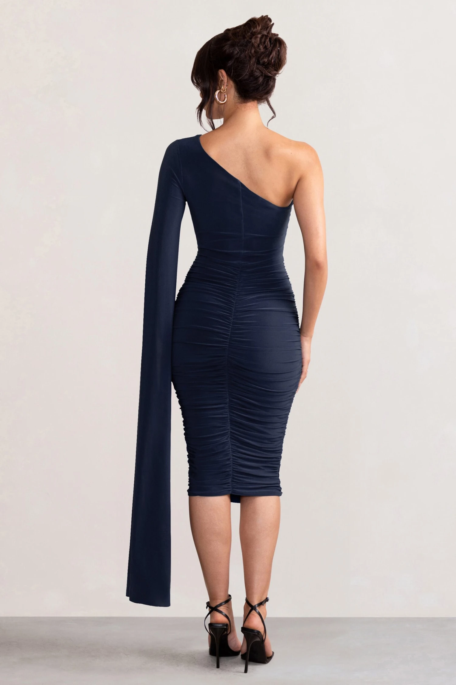 Yara | Navy One Shoulder Cape Ruched Midi Dress - Image 2