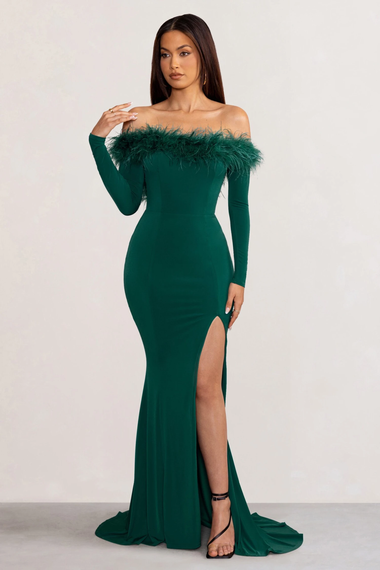 Lucilu | Bottle Green Feather Bardot Long Sleeve Maxi Dress With Side Split