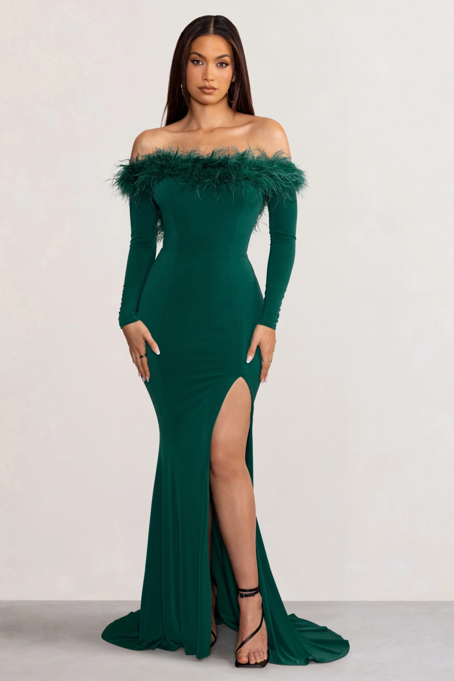 Lucilu | Bottle Green Feather Bardot Long Sleeve Maxi Dress With Side Split - Image 4