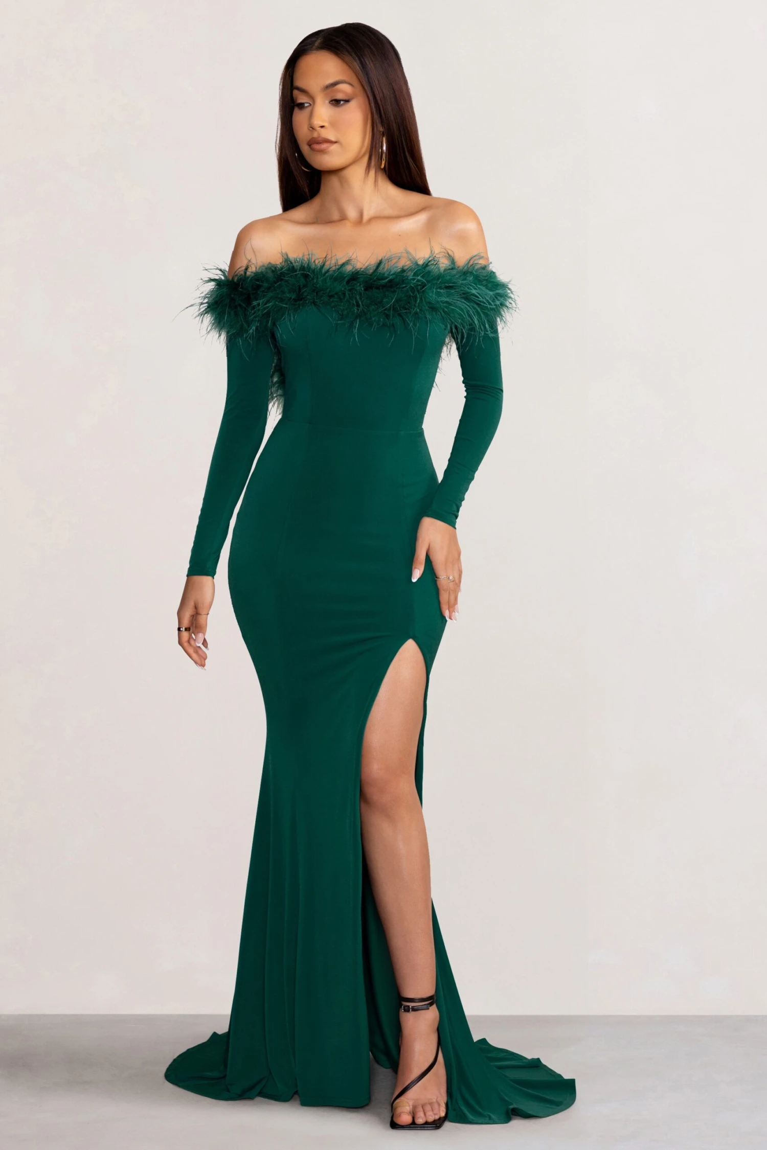 Lucilu | Bottle Green Feather Bardot Long Sleeve Maxi Dress With Side Split - Image 5