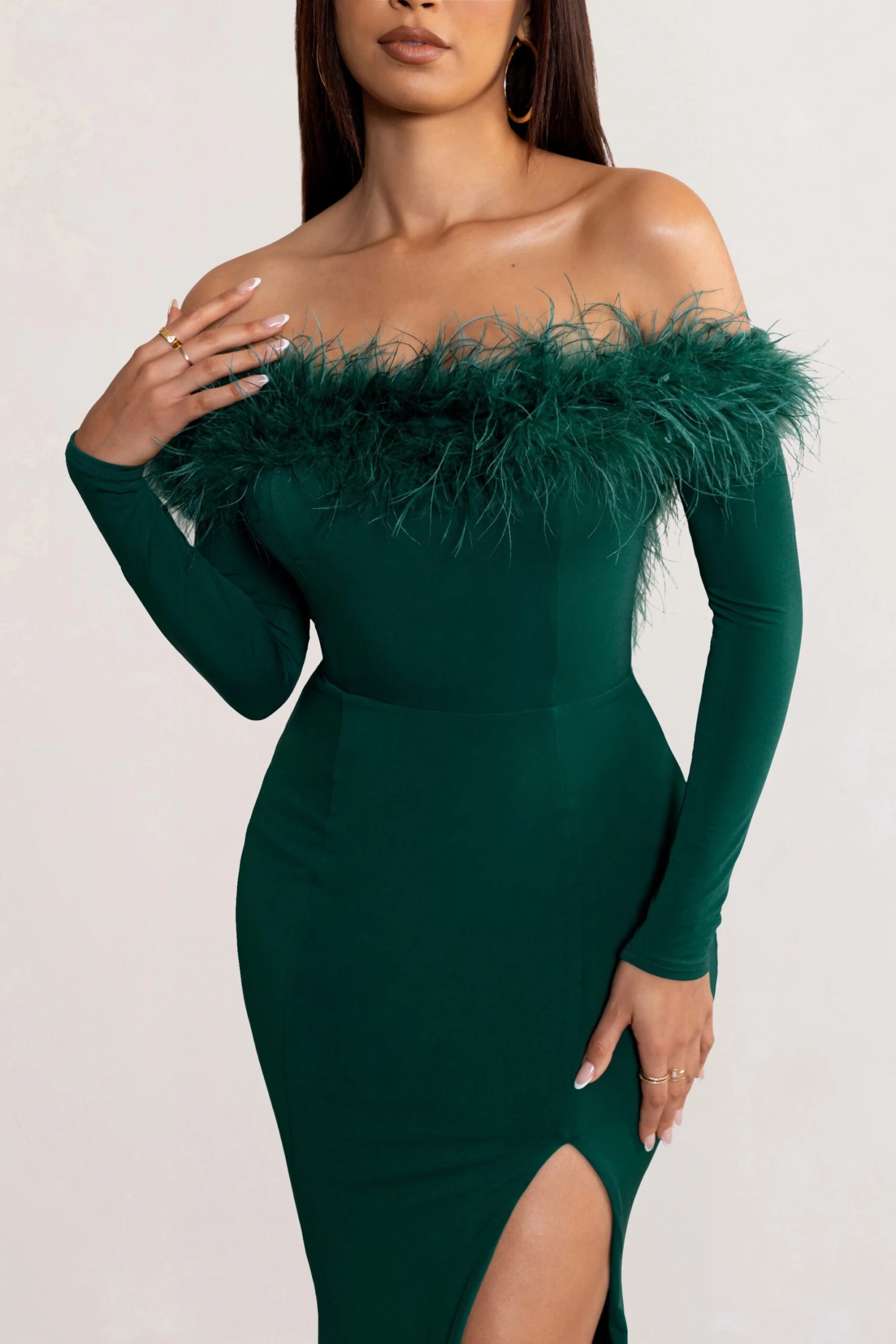 Lucilu | Bottle Green Feather Bardot Long Sleeve Maxi Dress With Side Split - Image 3