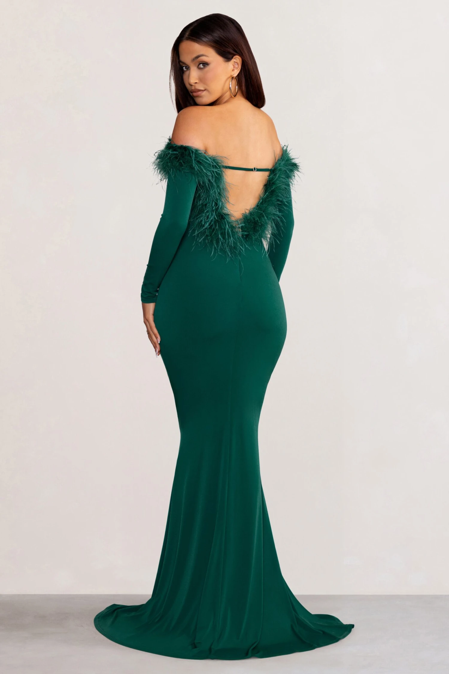 Lucilu | Bottle Green Feather Bardot Long Sleeve Maxi Dress With Side Split - Image 2