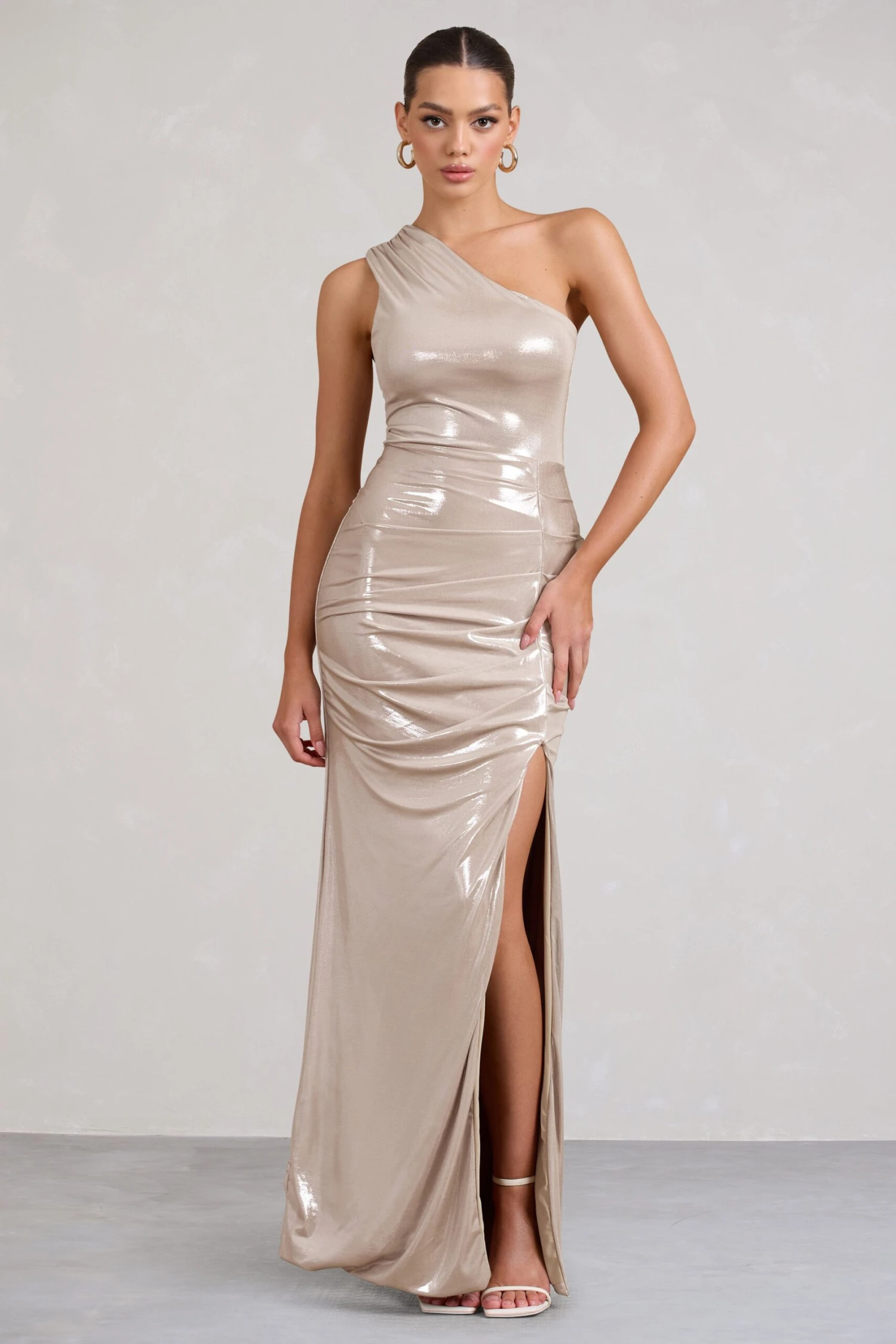 Sofie | Gold One Shoulder Maxi Dress With Thigh Split - Image 4