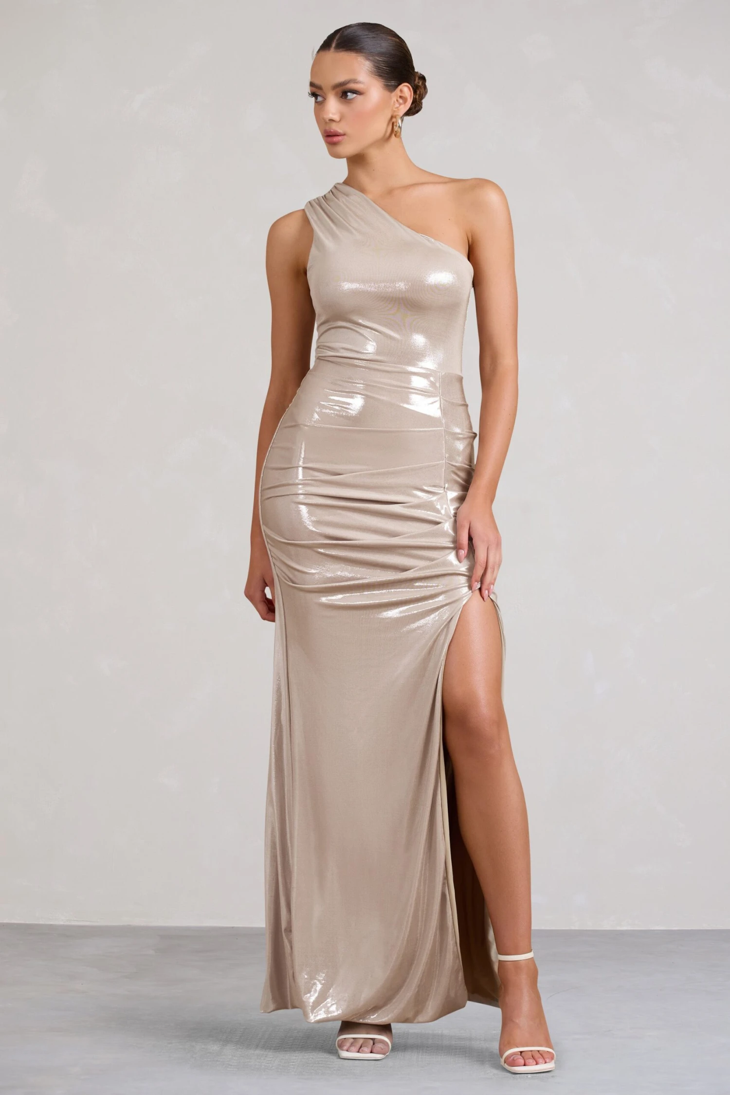 Sofie | Gold One Shoulder Maxi Dress With Thigh Split - Image 5
