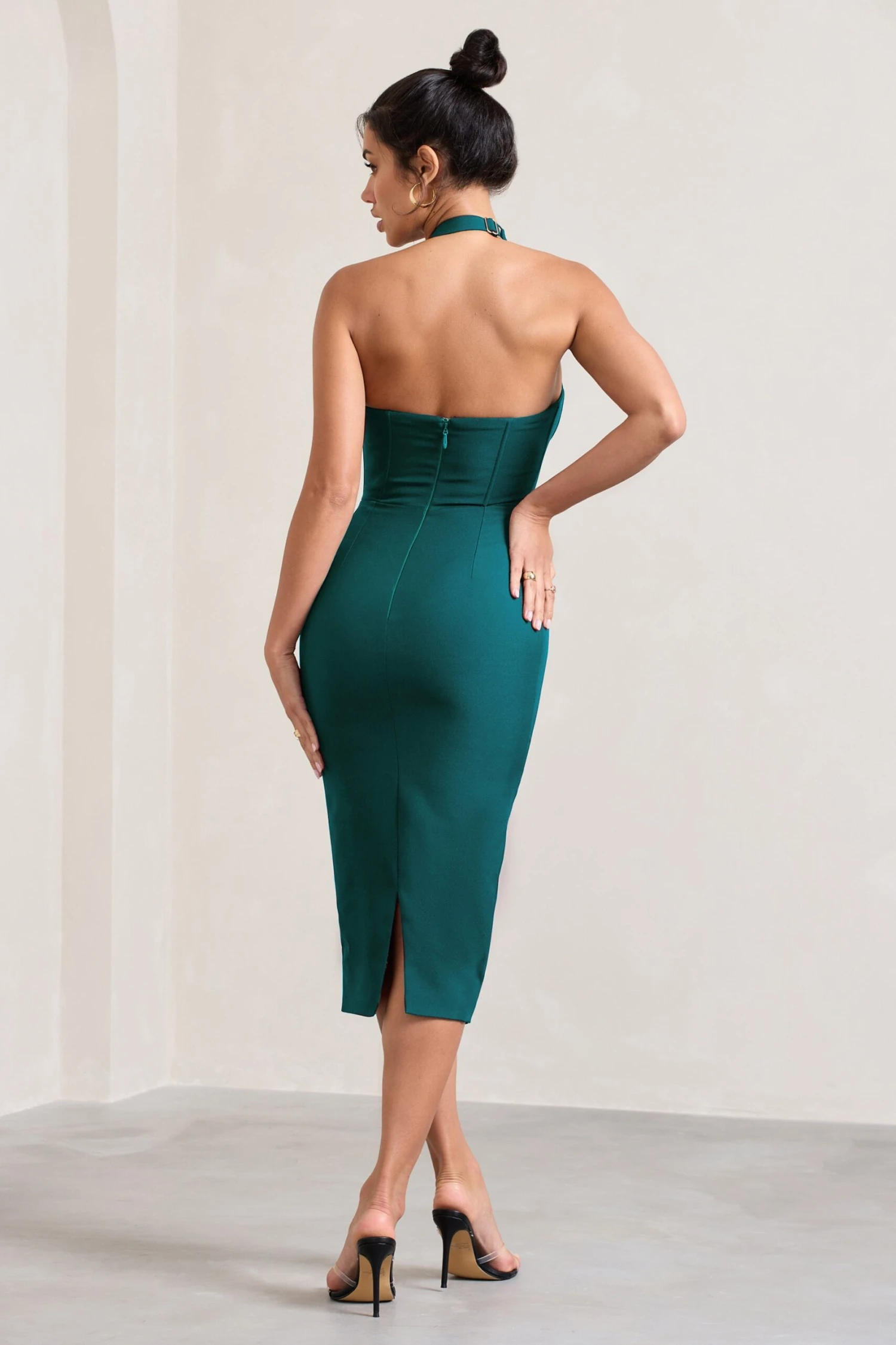 Supermodel | Bottle Green Halter-Neck Corset Midi Dress - Image 2