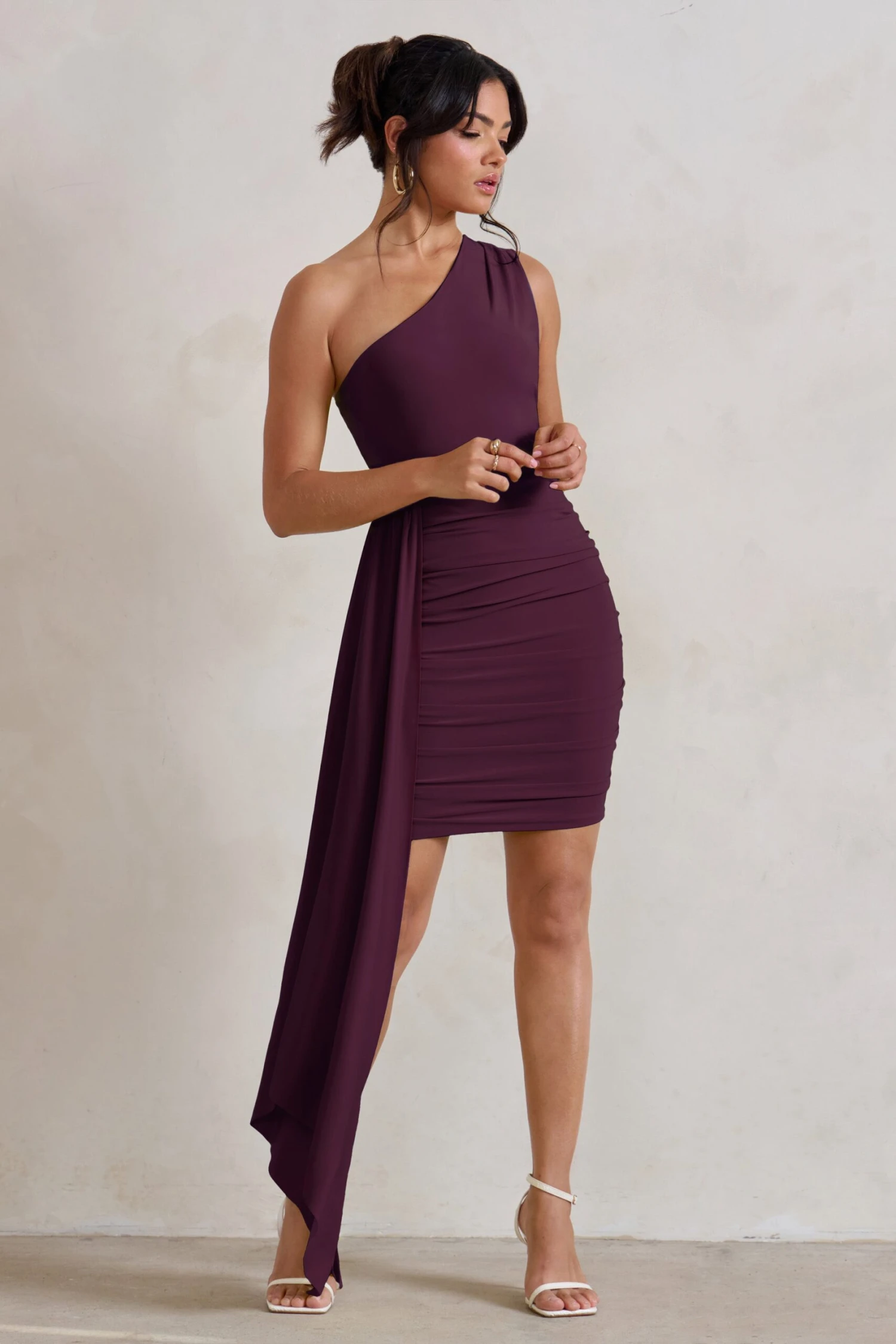 Charlie | Plum One Shoulder Ruched Mini Dress With Statement Drape - Image 5