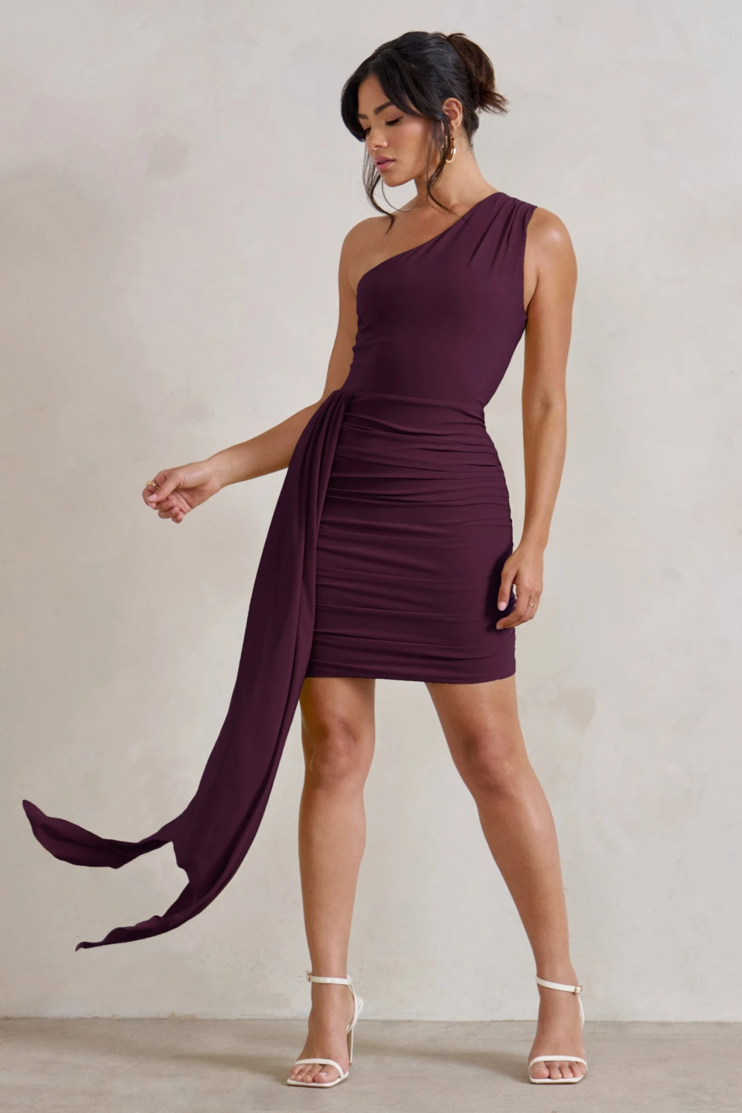 Charlie | Plum One Shoulder Ruched Mini Dress With Statement Drape - Image 4