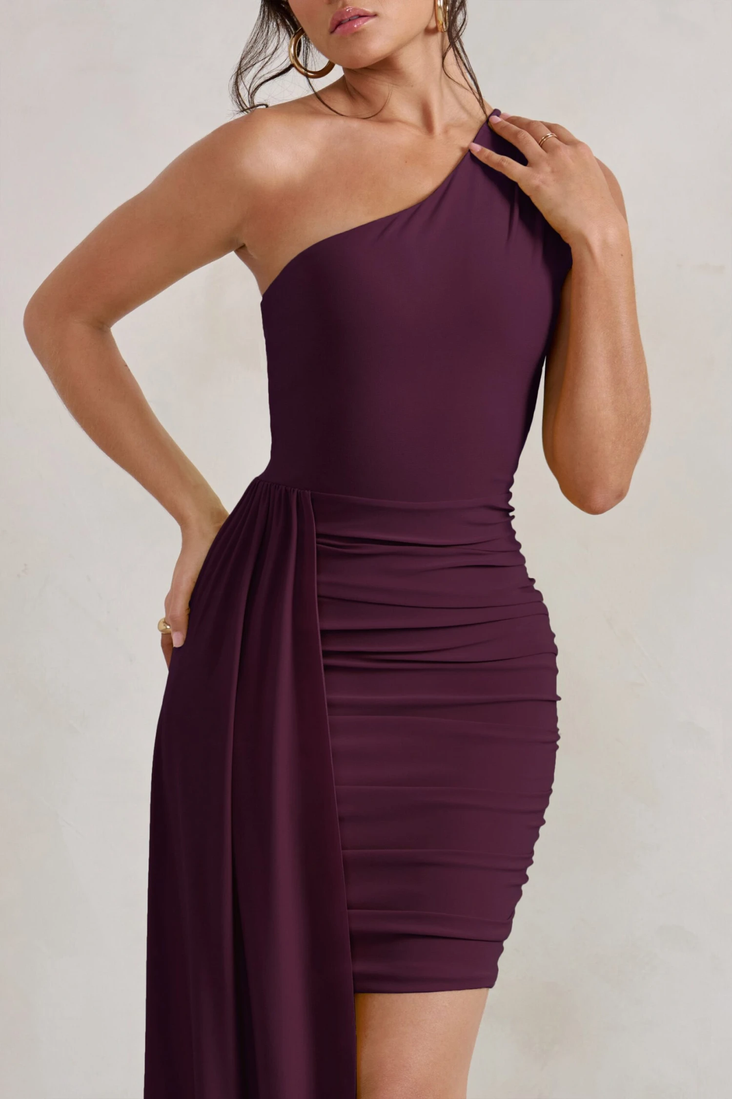 Charlie | Plum One Shoulder Ruched Mini Dress With Statement Drape - Image 3