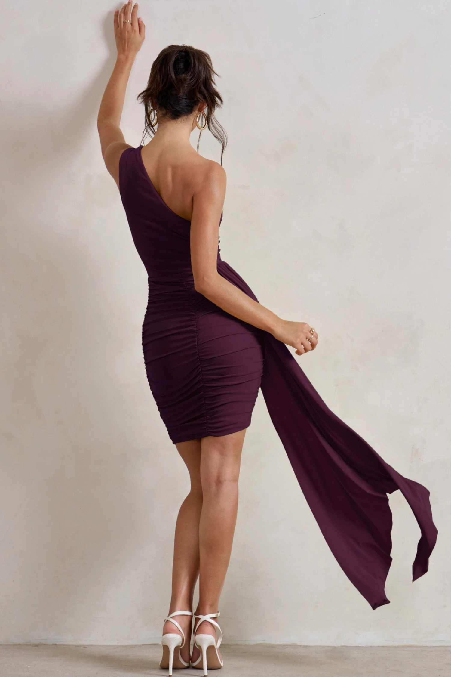 Charlie | Plum One Shoulder Ruched Mini Dress With Statement Drape - Image 2