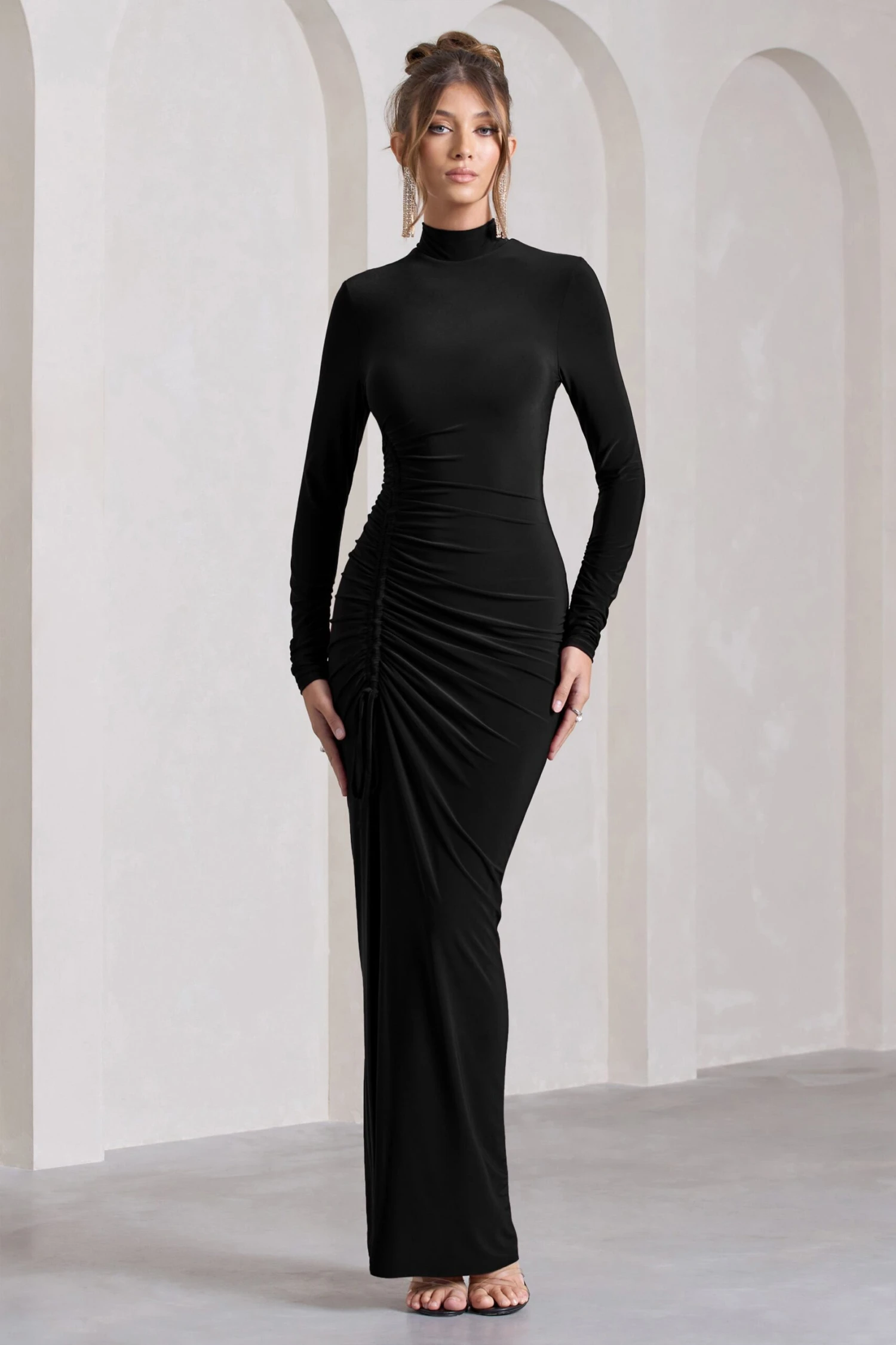 Lynn | Black Ruched High-Neck Split Maxi Dress - Image 5