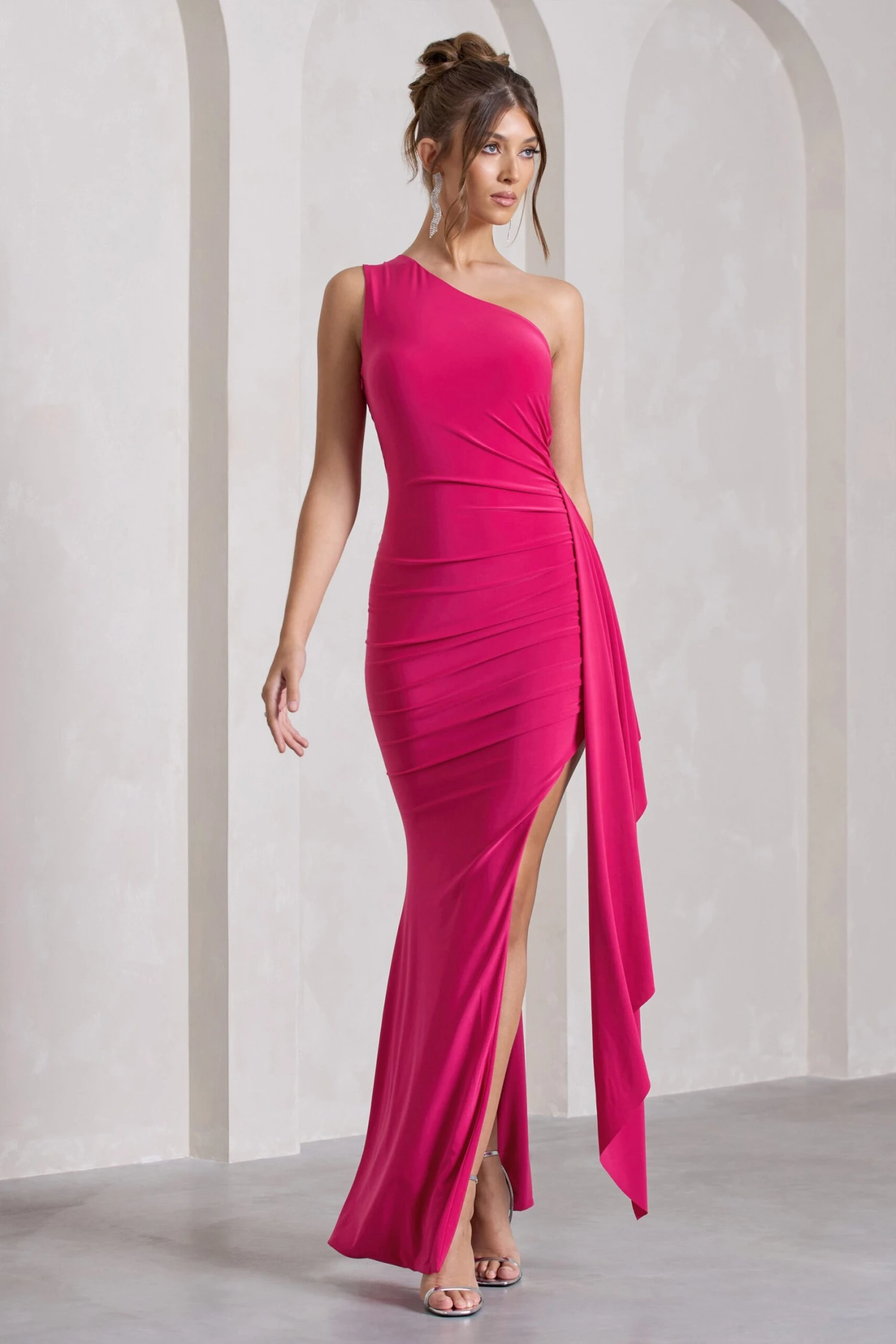 Rewind | Hot Pink Asymmetric Sleeveless Split Maxi Dress With Drape - Image 5