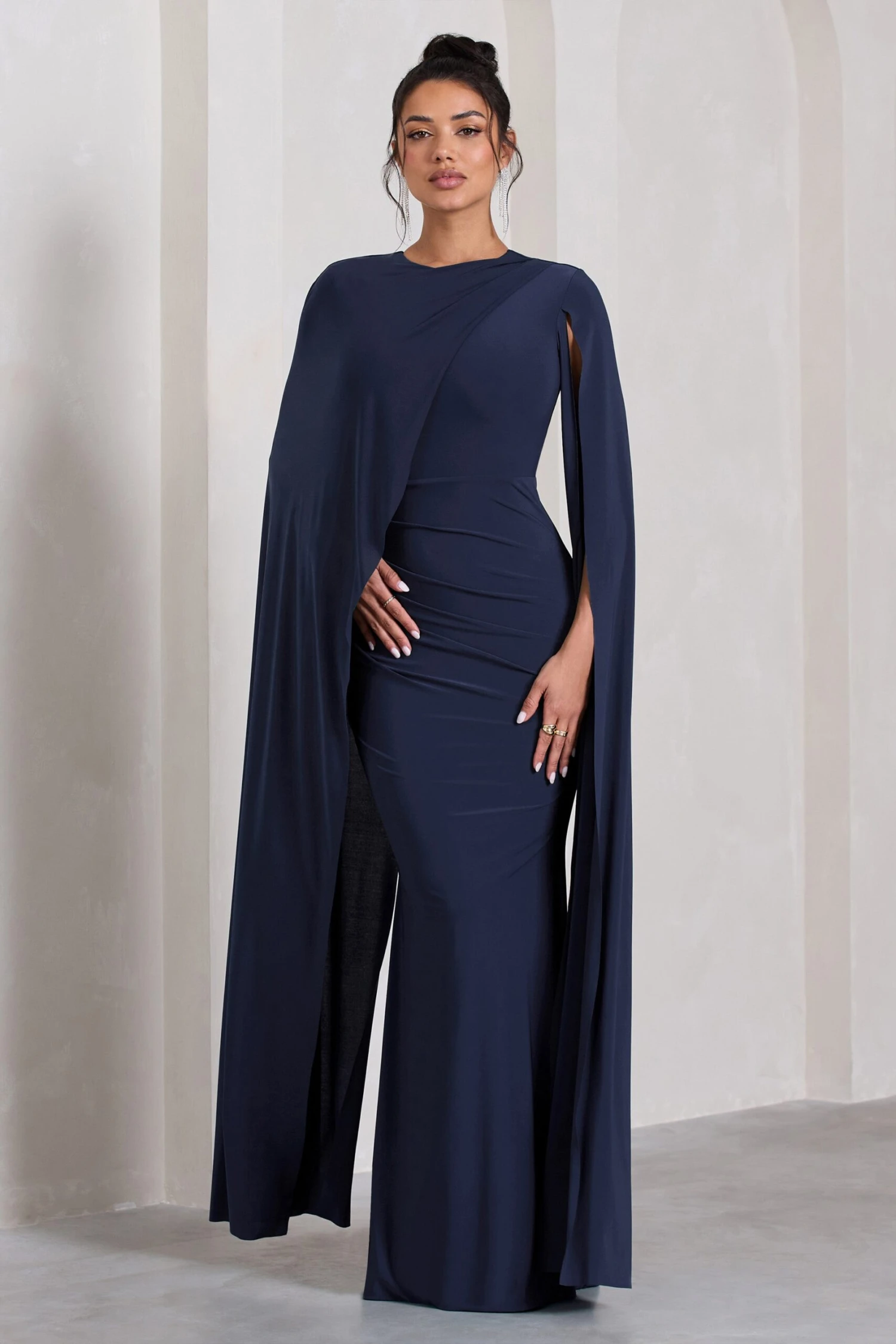 Magdelena | Navy Asymmetric Cape Maxi Dress - Image 5