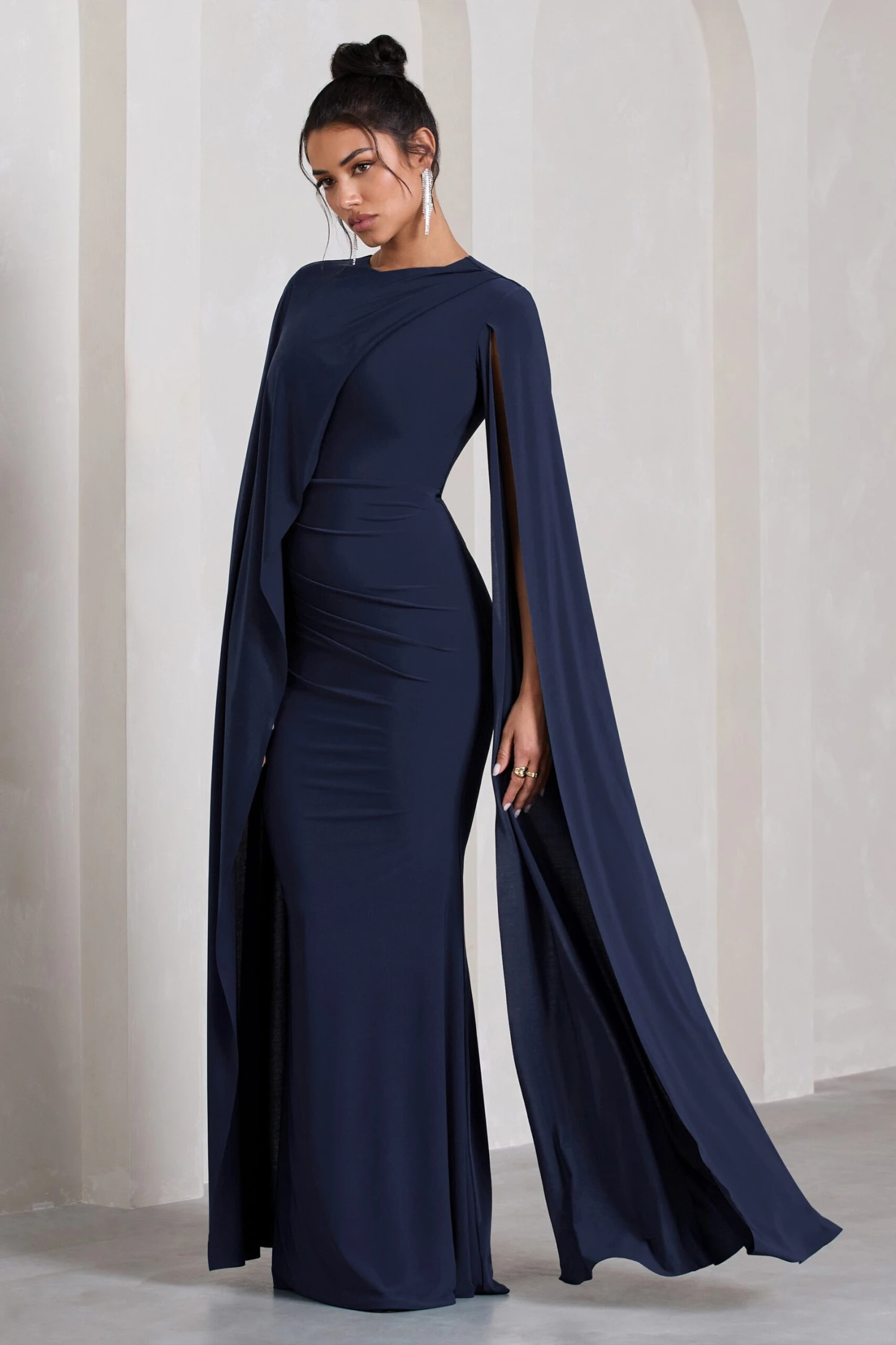 Magdelena | Navy Asymmetric Cape Maxi Dress - Image 4