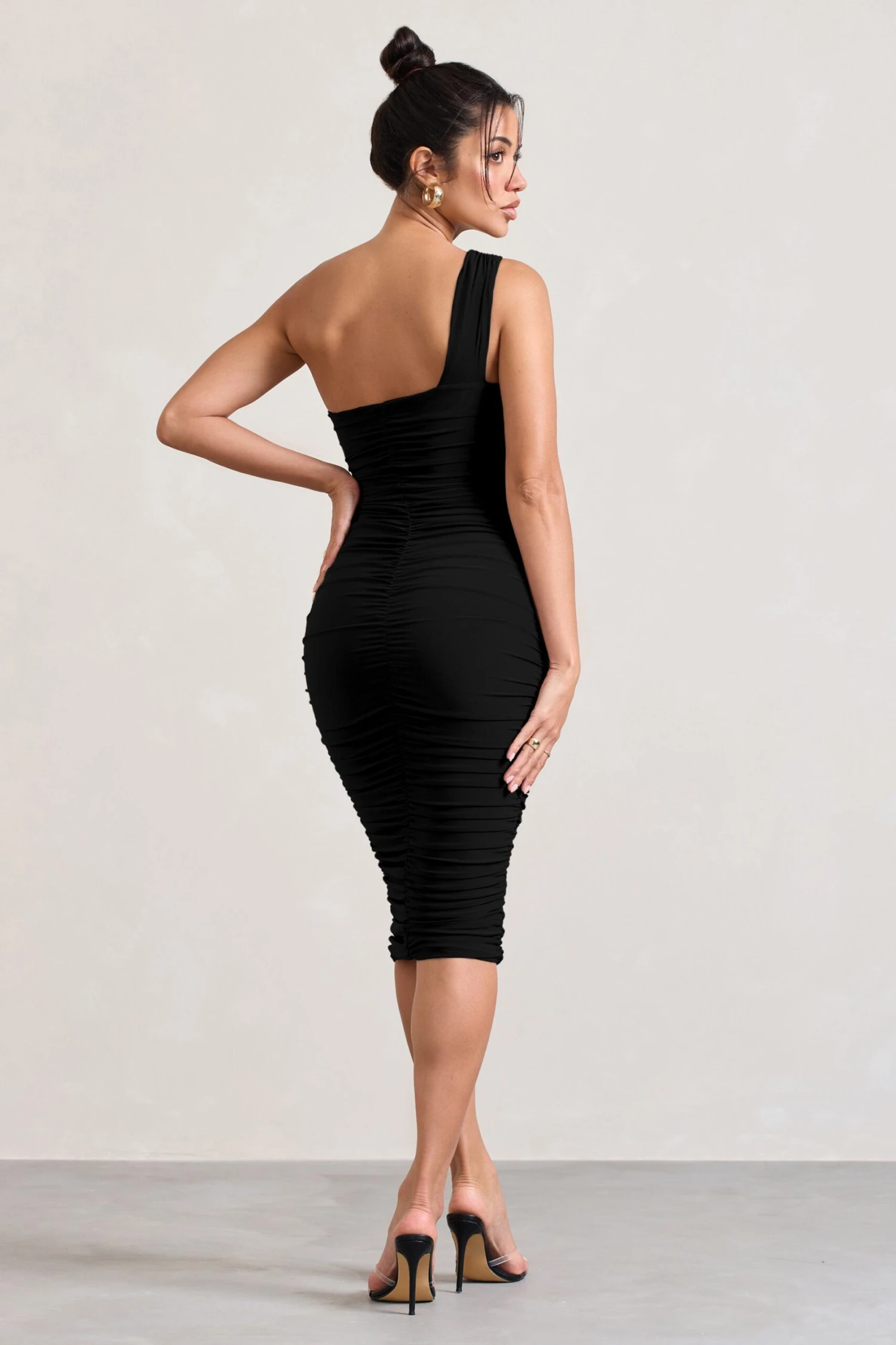 Contour | Black One Shoulder Bodycon Midi Dress - Image 2