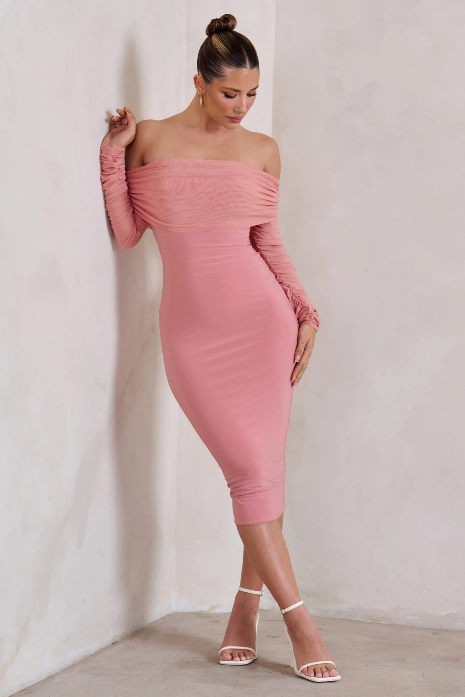 Only You | Powder Pink Ruched Mesh Bardot Midi Dress - Image 4