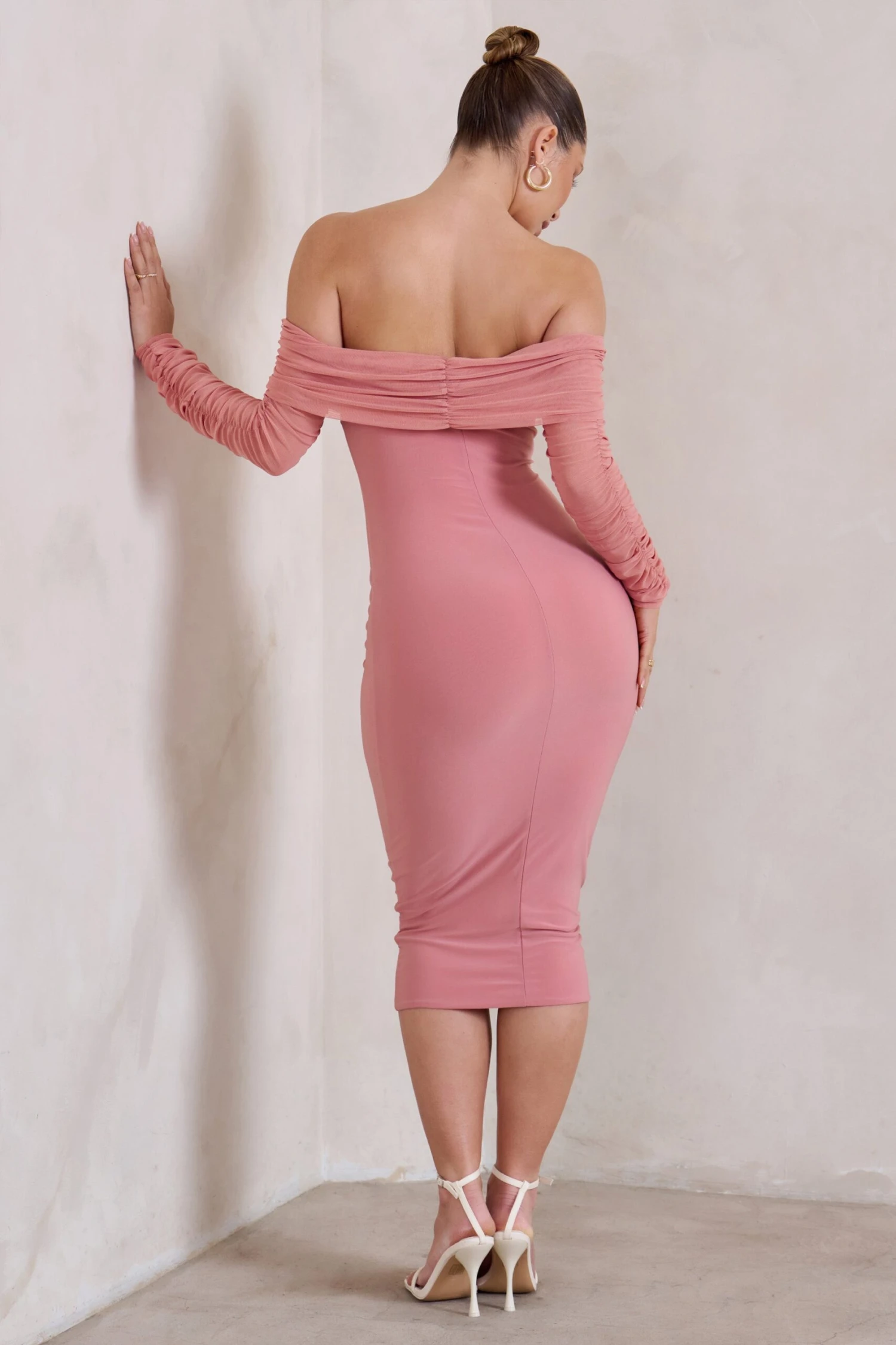 Only You | Powder Pink Ruched Mesh Bardot Midi Dress - Image 2