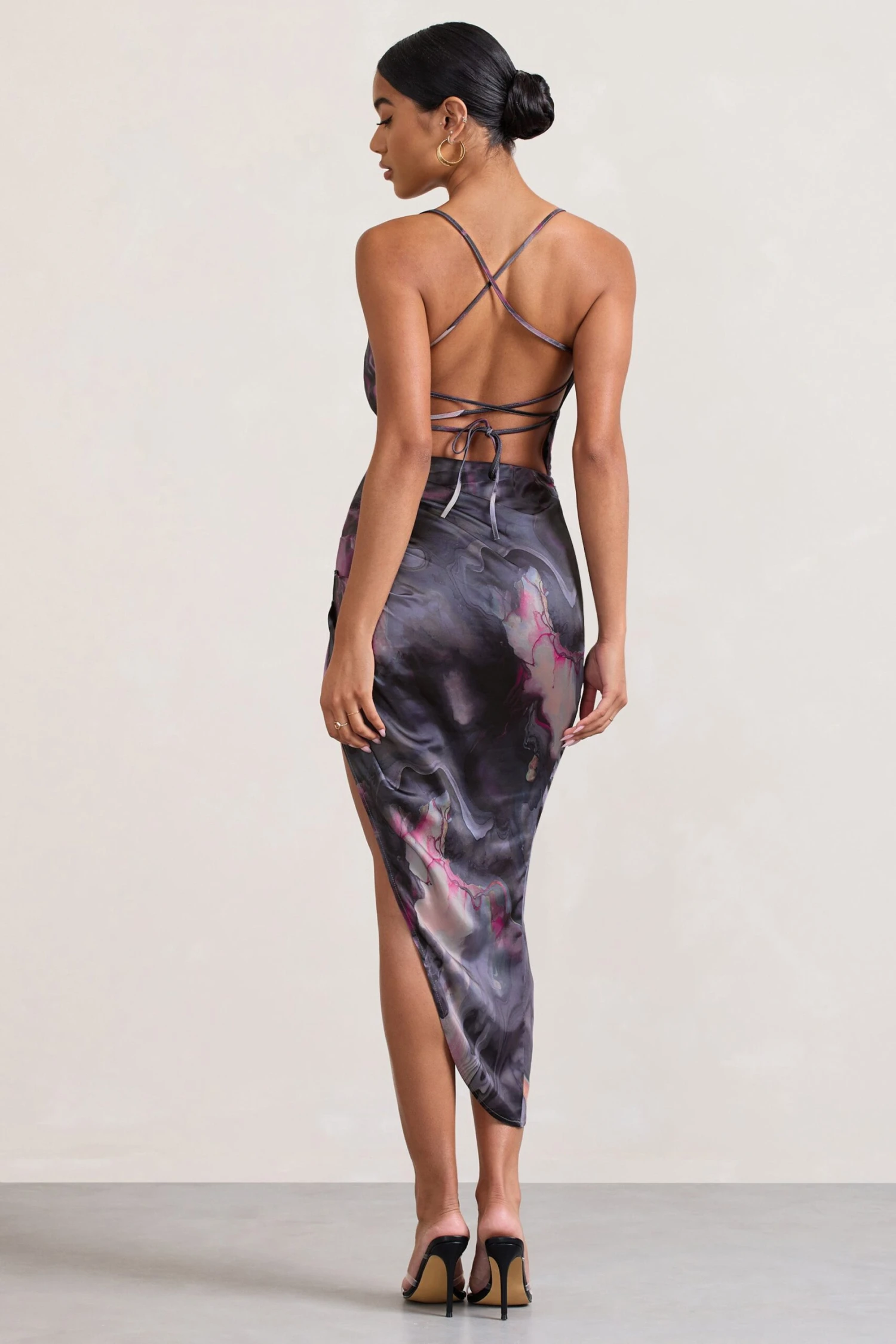 Risk It All | Marble Print Satin Cami Cowl Neck Asymmetric Hem Dress - Image 2