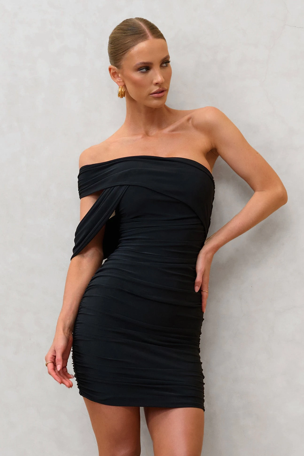 Doha | Black Asymmetric Neck Off The Shoulder Ruched Mini Dress - Image 4