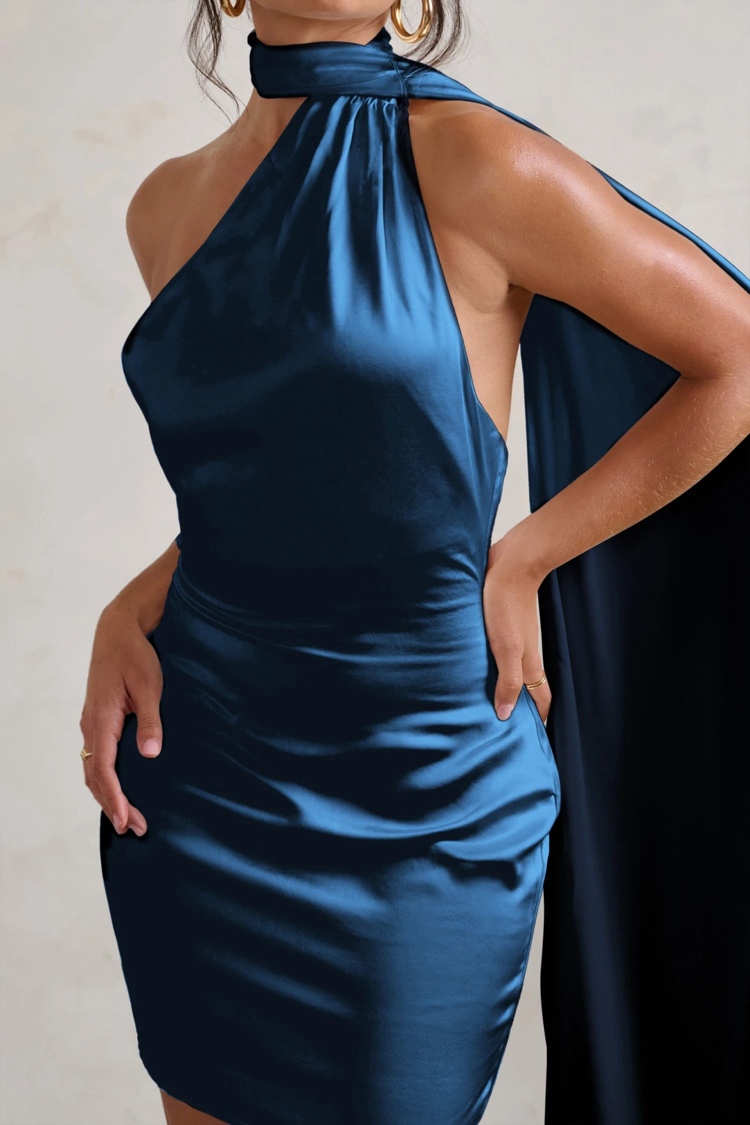 Nasira | Navy Asymmetric Neck Open Back Mini Dress With Scarf Detail - Image 3