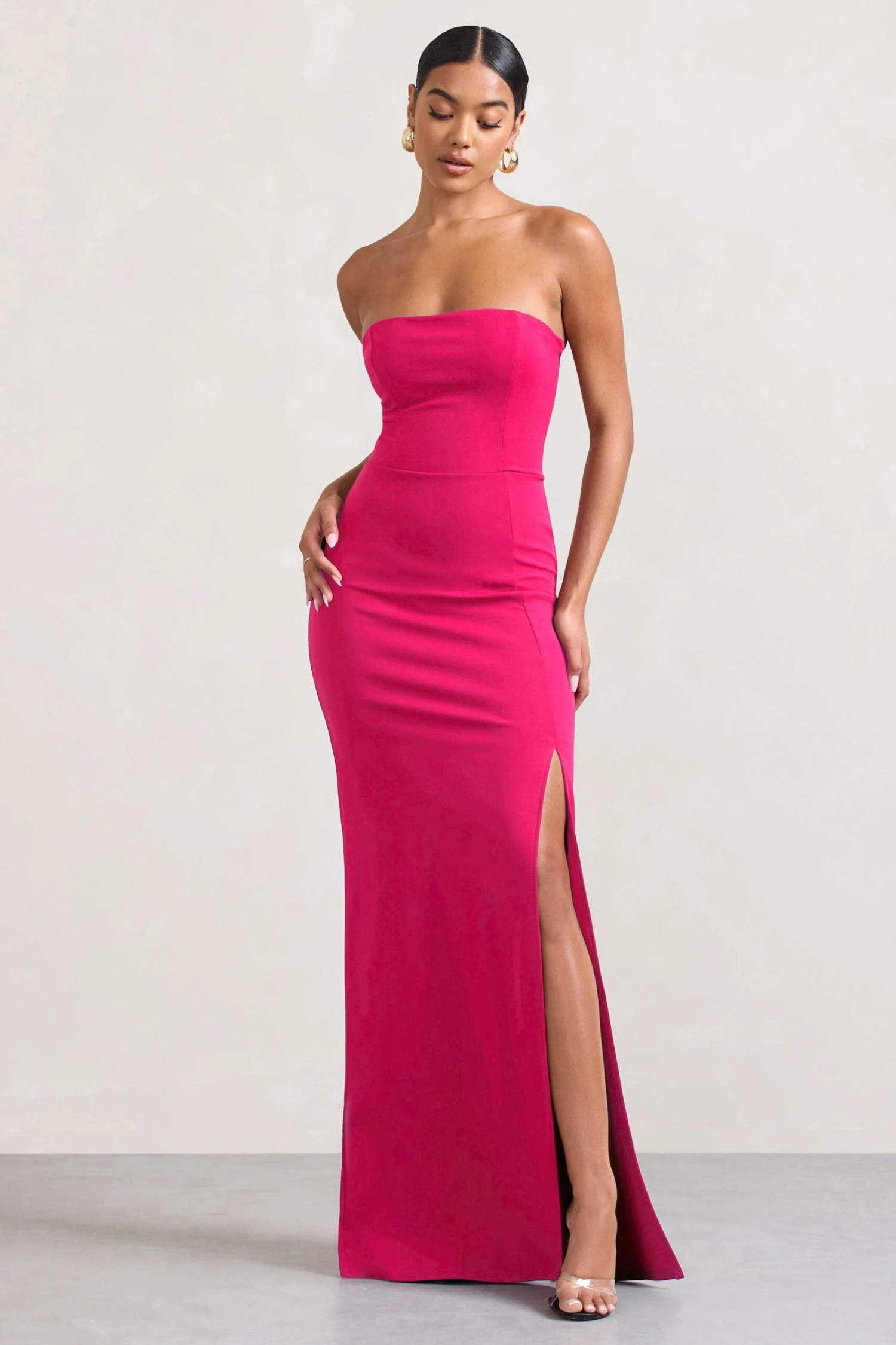 Belle Of The Ball | Hot Pink Bandeau Maxi Dress With Split Hem - Image 4