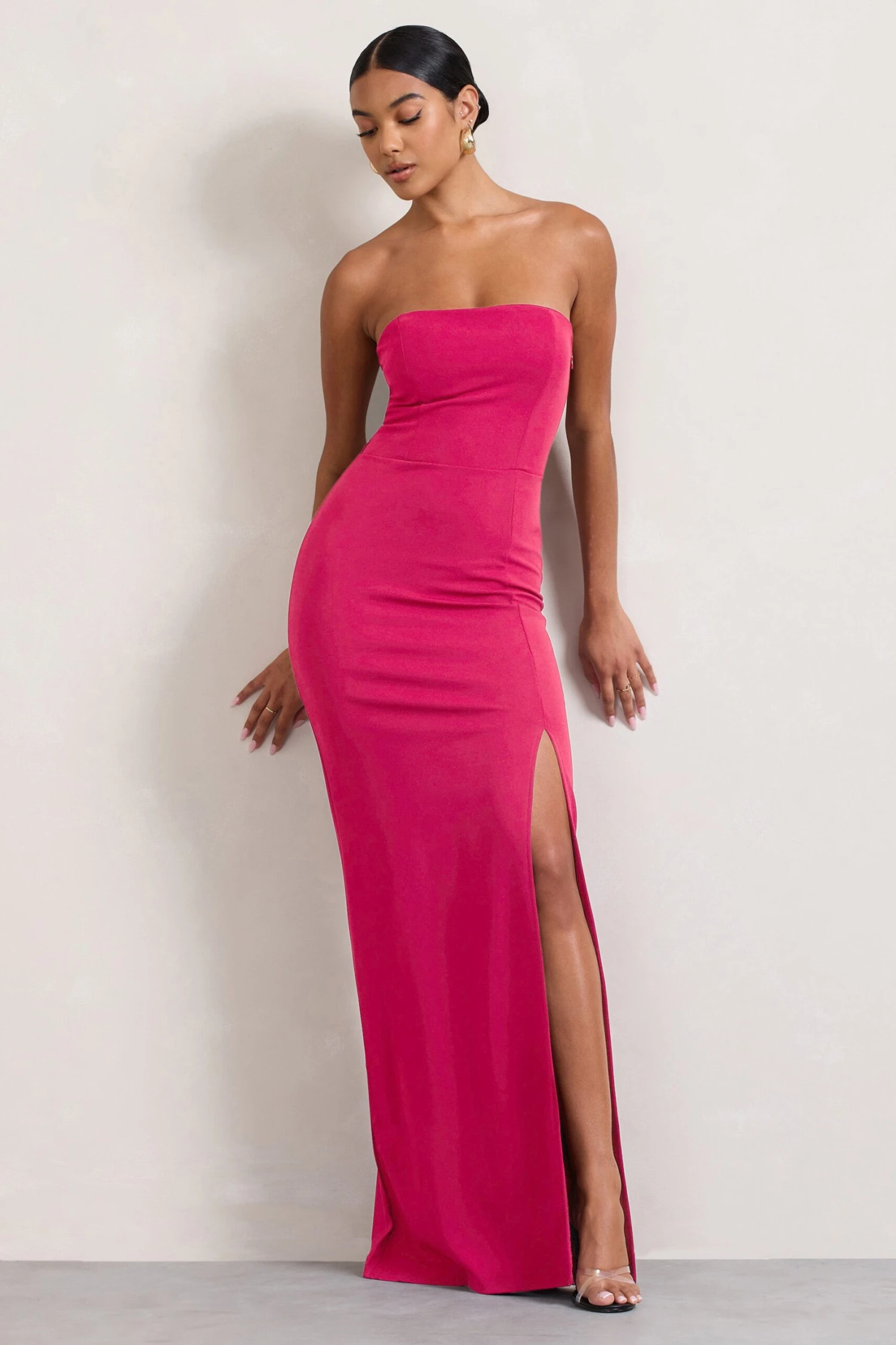 Belle Of The Ball | Hot Pink Bandeau Maxi Dress With Split Hem - Image 5